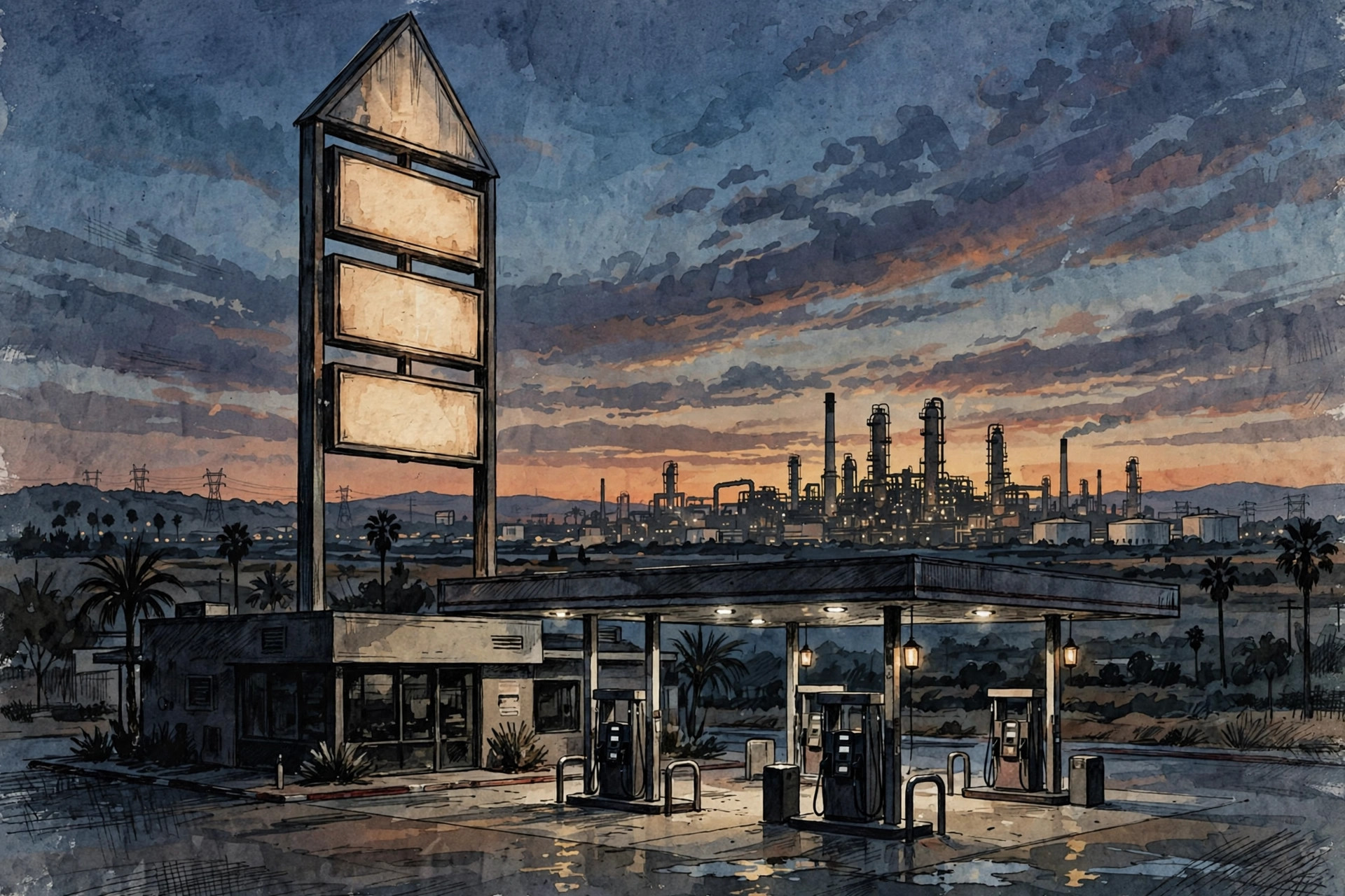 Ilustración editorial: gasolinera en California al atardecer con una refinería al fondo