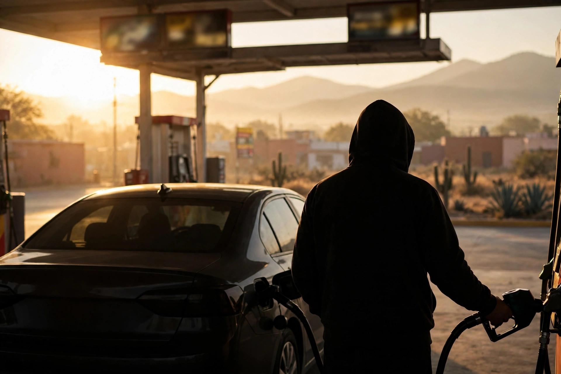 Ilustración editorial: gasolinera en México a la luz de la mañana, un conductor en silueta visto de espaldas cargando combustible, letreros de precio difuminados