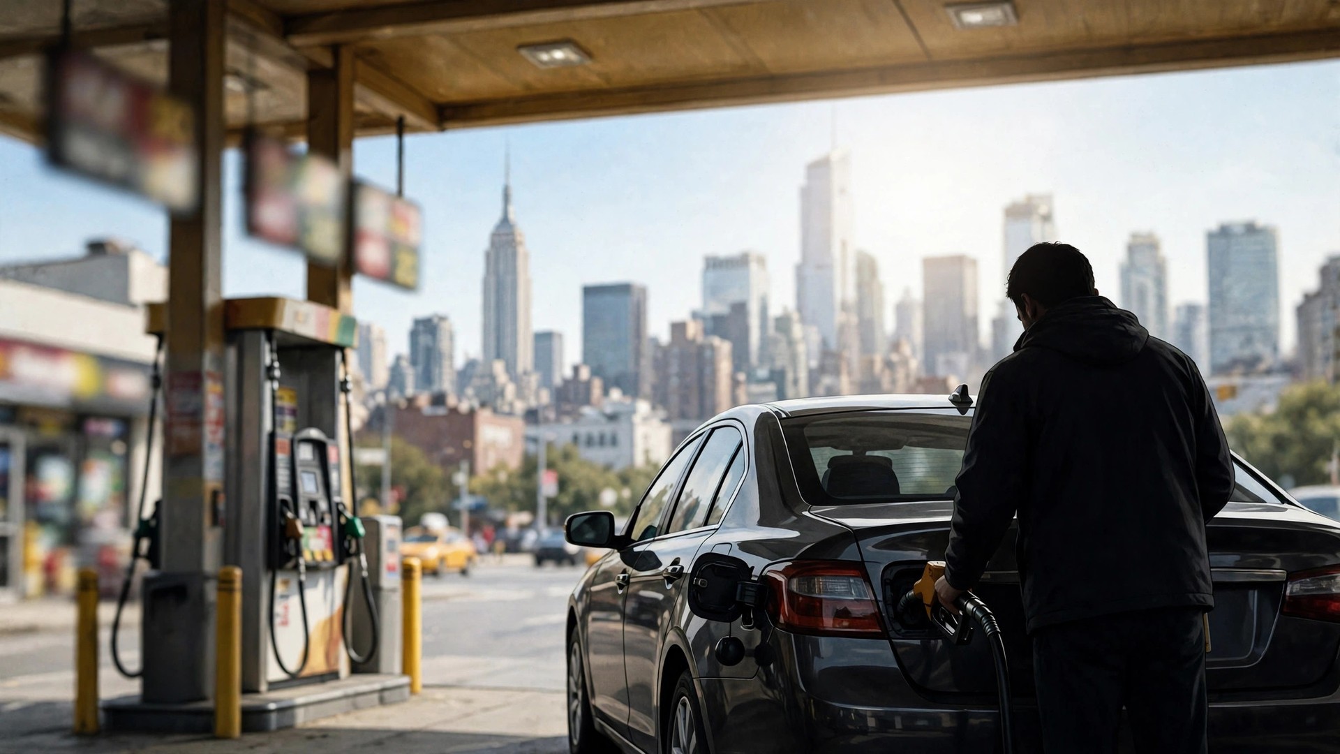Ilustración editorial: gasolinera en Nueva York de día, conductor en silueta visto de espaldas cargando combustible, ciudad al fondo, letreros de precio difuminados sin números legibles