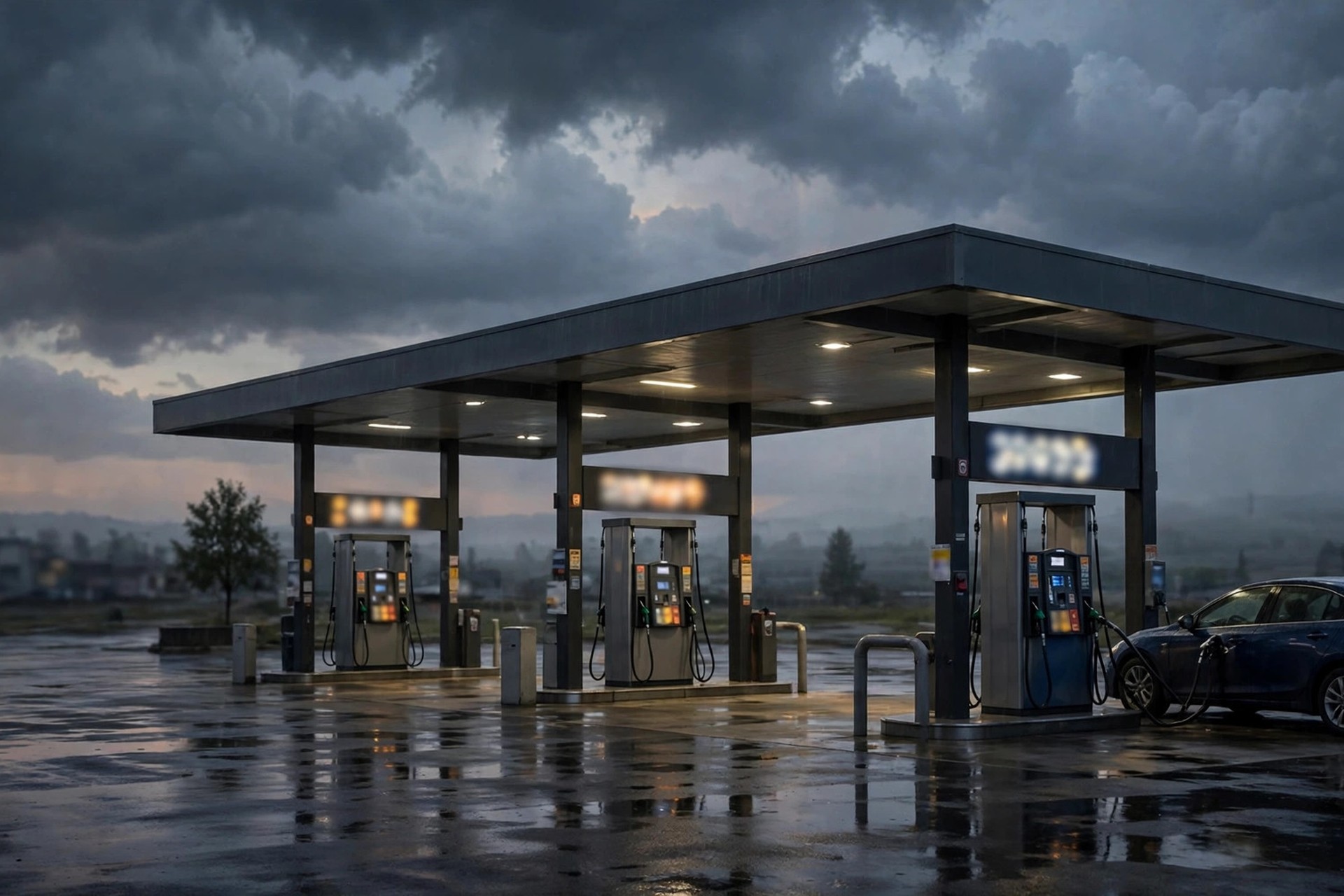 Ilustración editorial: gasolinera al atardecer con un auto cargando combustible