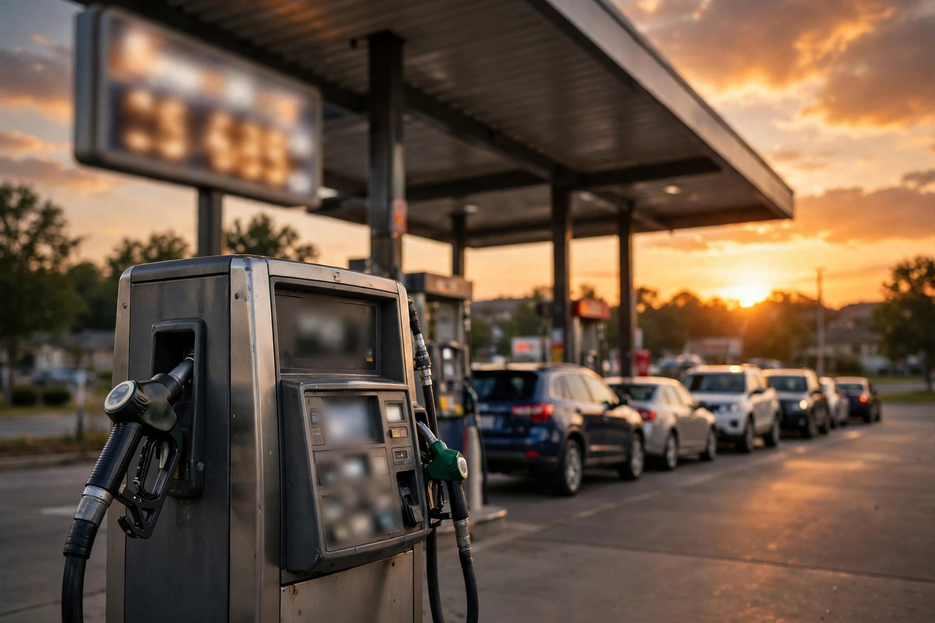 Ilustración editorial: gasolinera estadounidense al atardecer con bomba de gasolina en primer plano