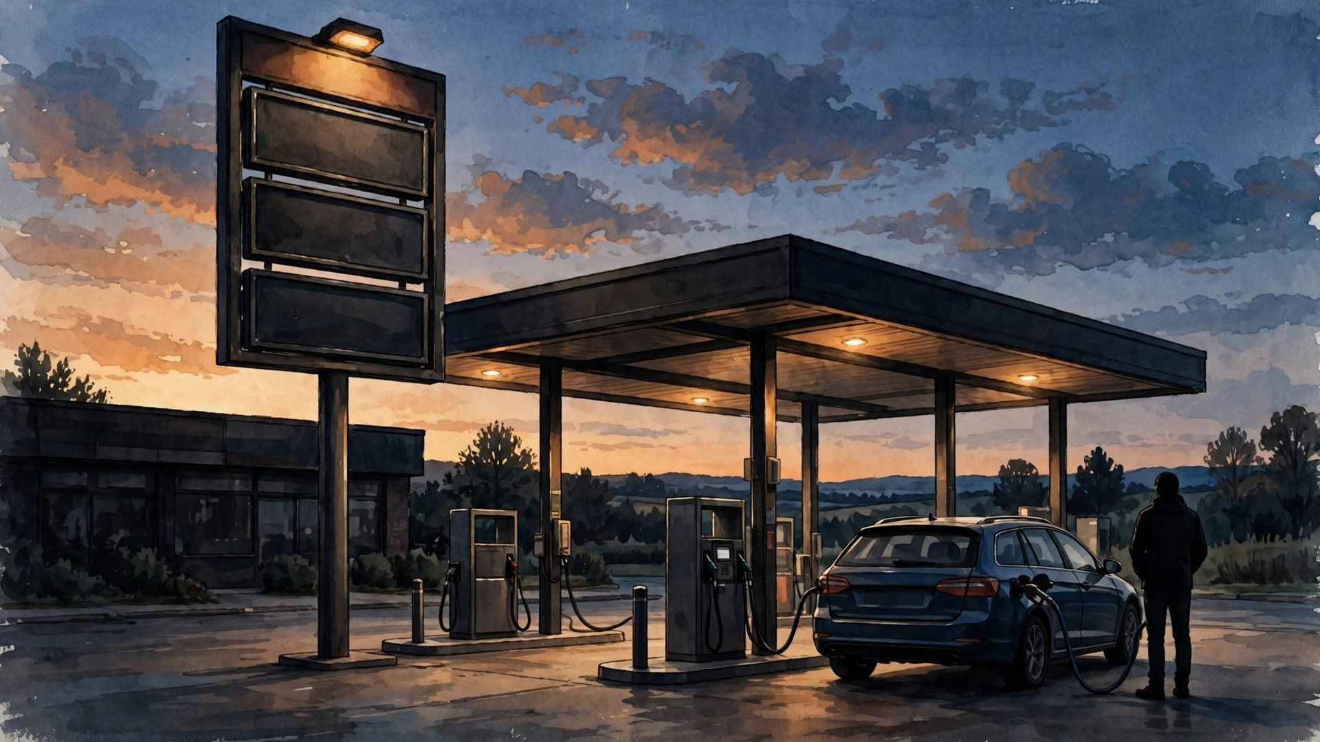 Ilustración editorial: una gasolinera al atardecer con un tablero de precios sin cifras legibles y un automóvil cargando combustible, tono sobrio