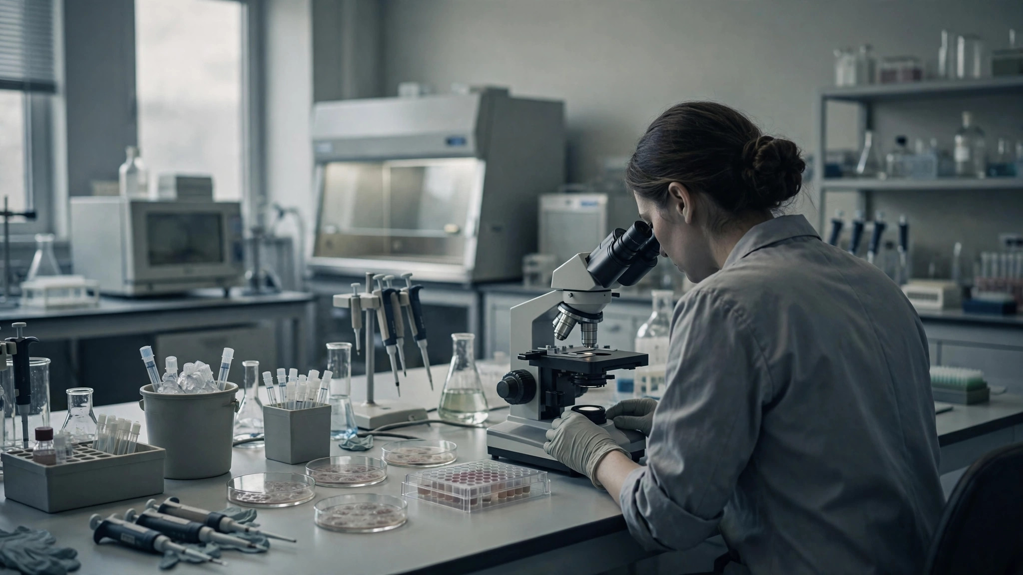 Ilustración editorial: laboratorio de oncología, investigadora con microscopio, tonos sobrios