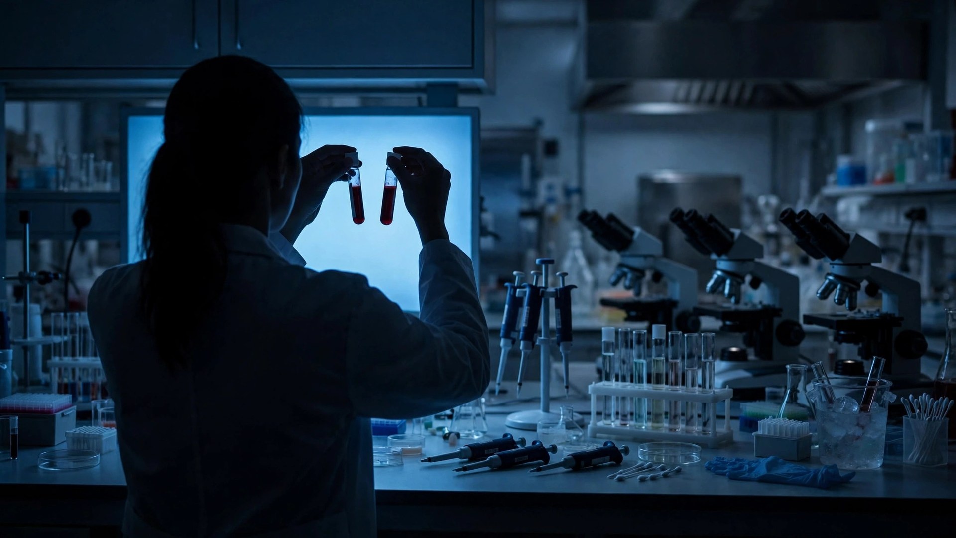 Ilustración editorial: laboratorio de oncología con una científica en silueta vista de espaldas frente a tubos de ensayo con muestras de sangre, luz clínica azul suave