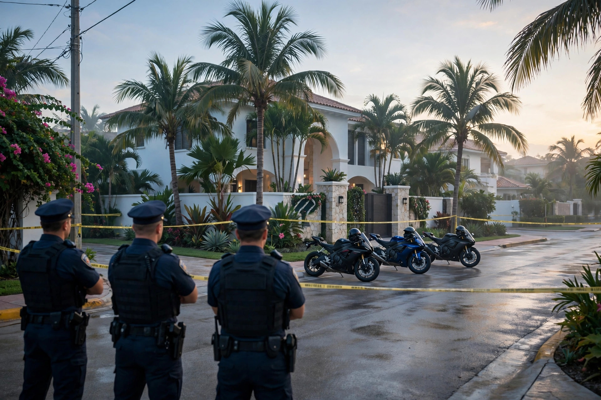 Ilustración editorial: operativo de seguridad en una calle de Cancún con motocicletas