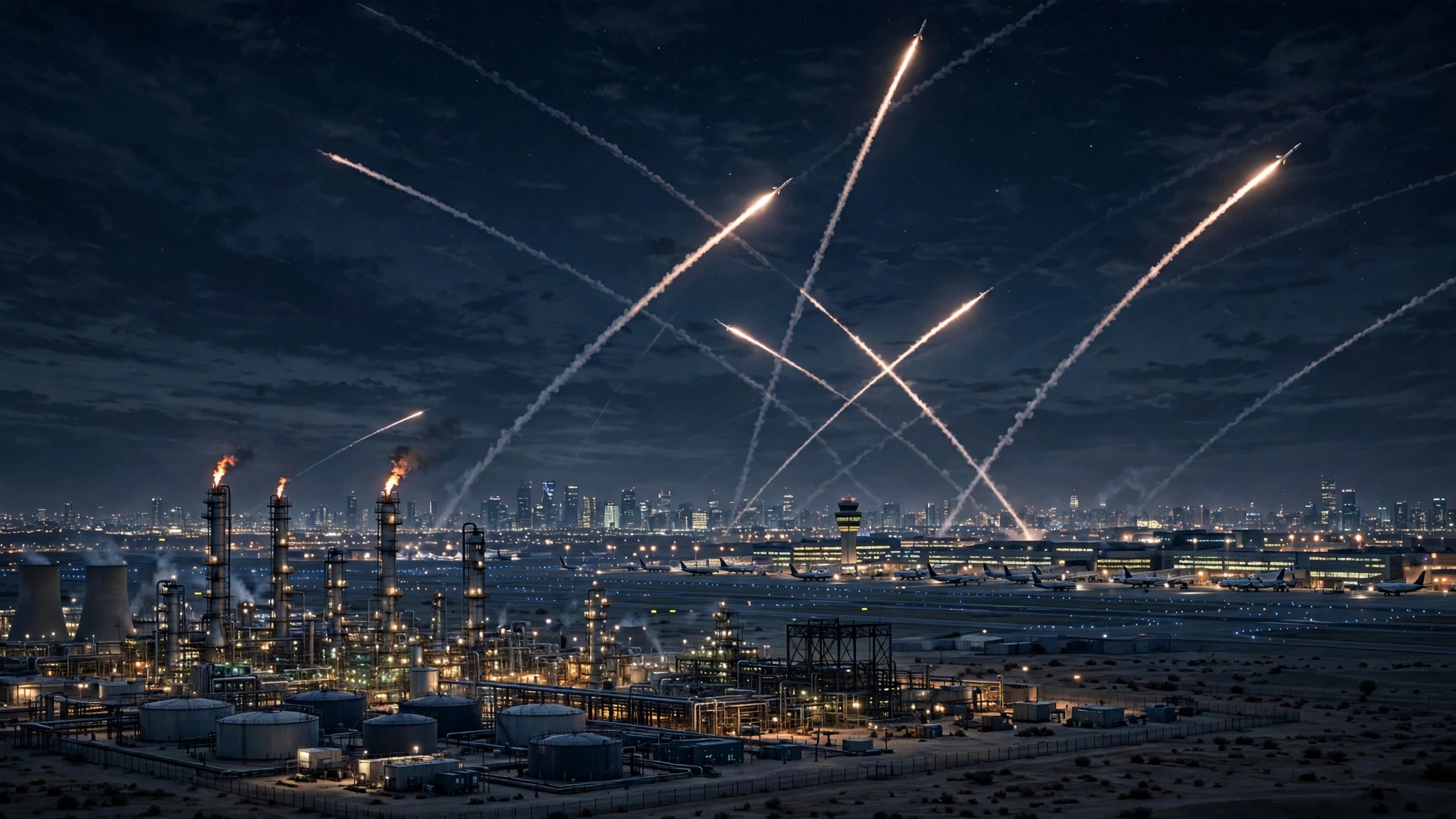 Ilustración editorial: estelas de misiles interceptores sobre una refinería y un aeropuerto de noche