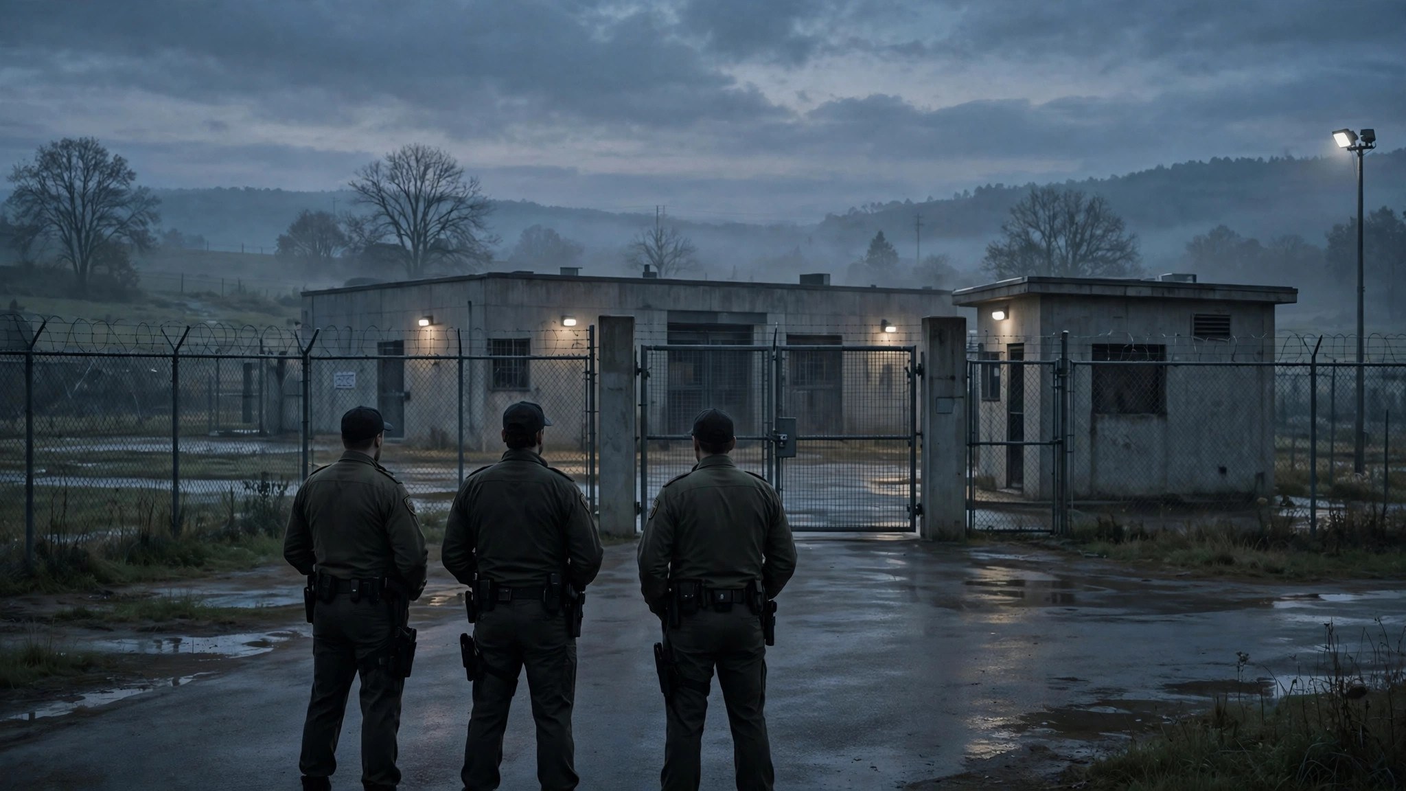 Ilustración editorial: exterior de un centro de detención al atardecer, agentes en silueta vistos de espaldas junto a una entrada cercada, tono sobrio
