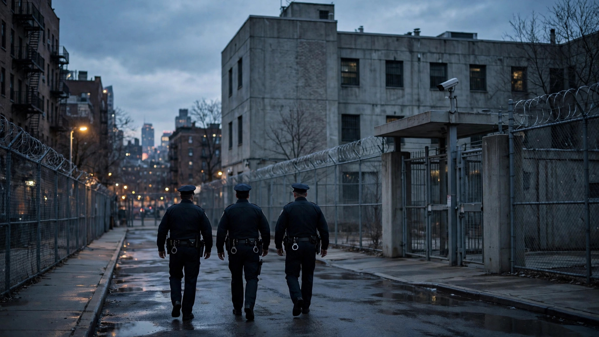 Ilustración editorial: exterior de un centro de detención en Nueva York al atardecer, con agentes en silueta vistos de espaldas junto a una entrada cercada, tono sobrio