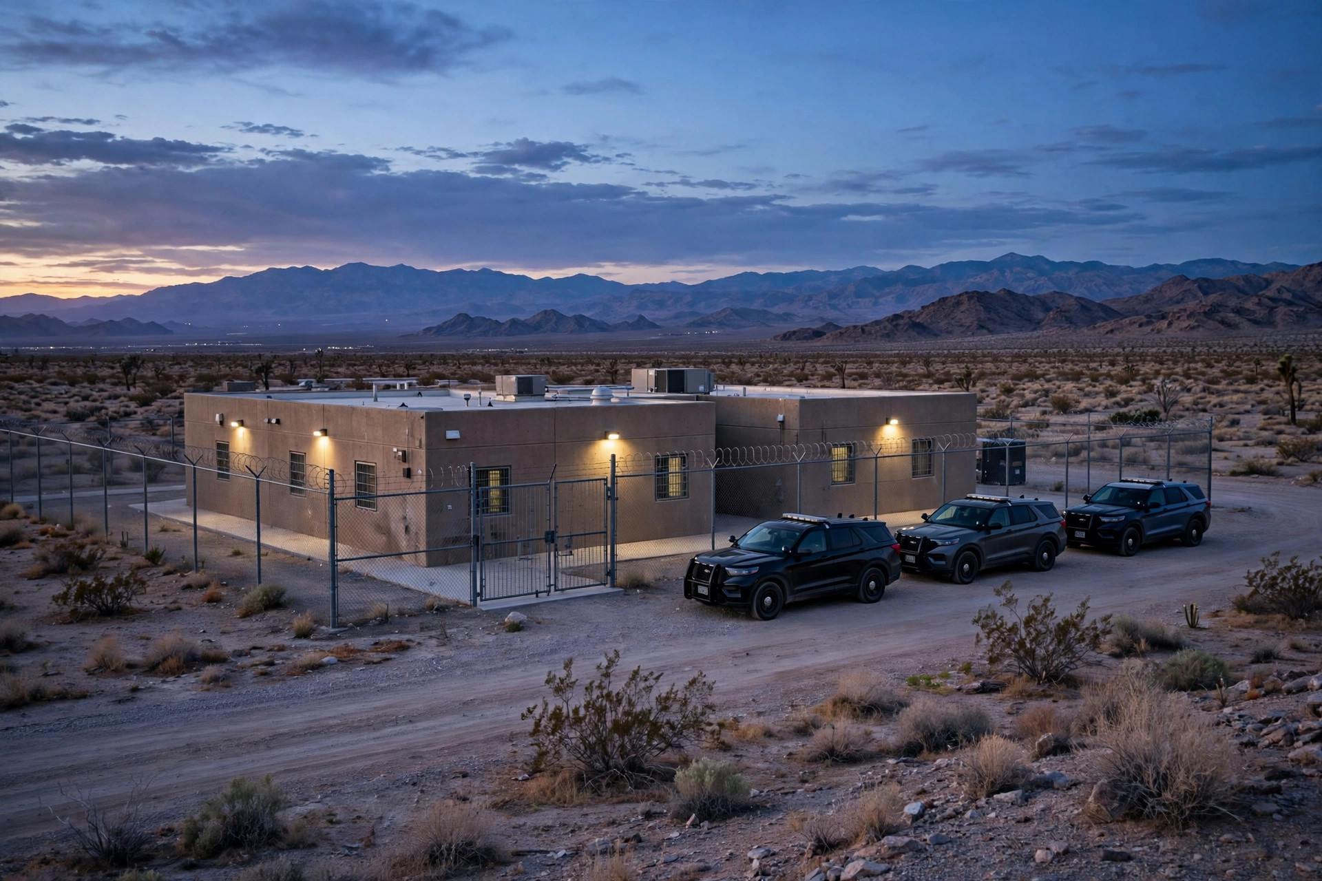 Ilustración editorial: exterior de un centro de detención en el desierto de Nevada al atardecer, tono sobrio de noticiero