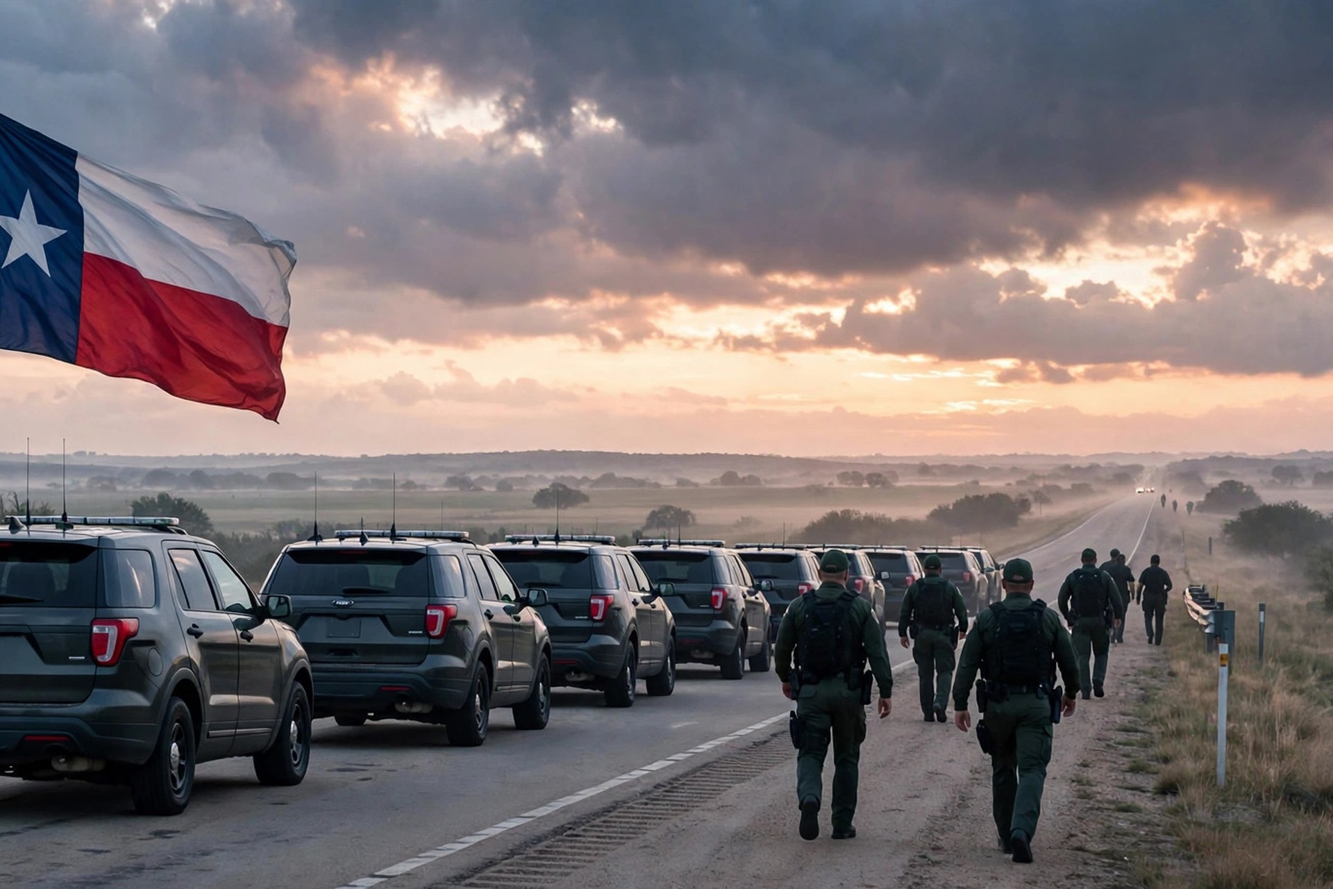 Ilustración editorial: vehículos oficiales y agentes en silueta vistos de espaldas en una carretera de Texas al amanecer, con la bandera de Texas ondeando