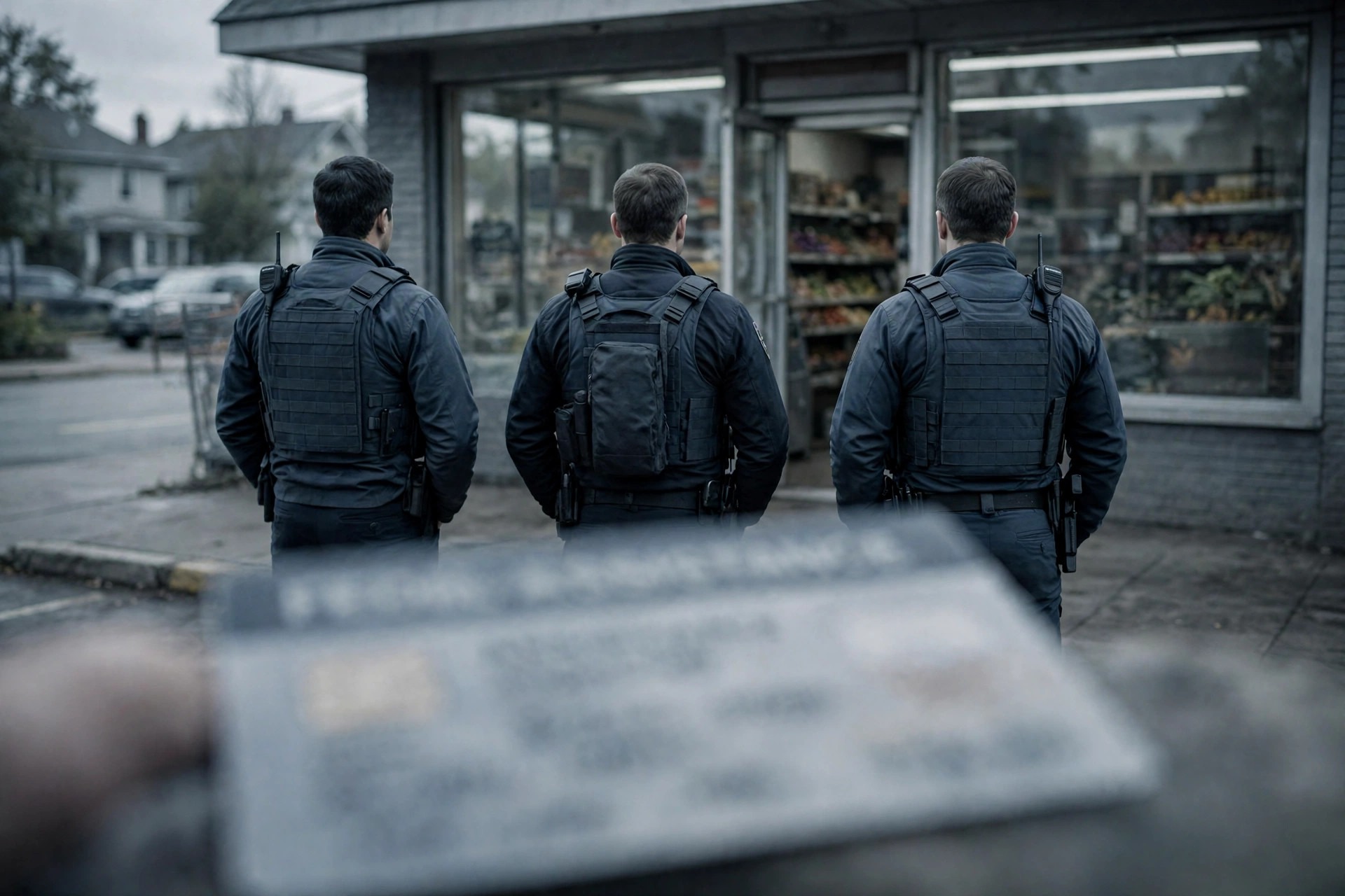 Ilustración editorial: agentes federales afuera de una tienda de barrio