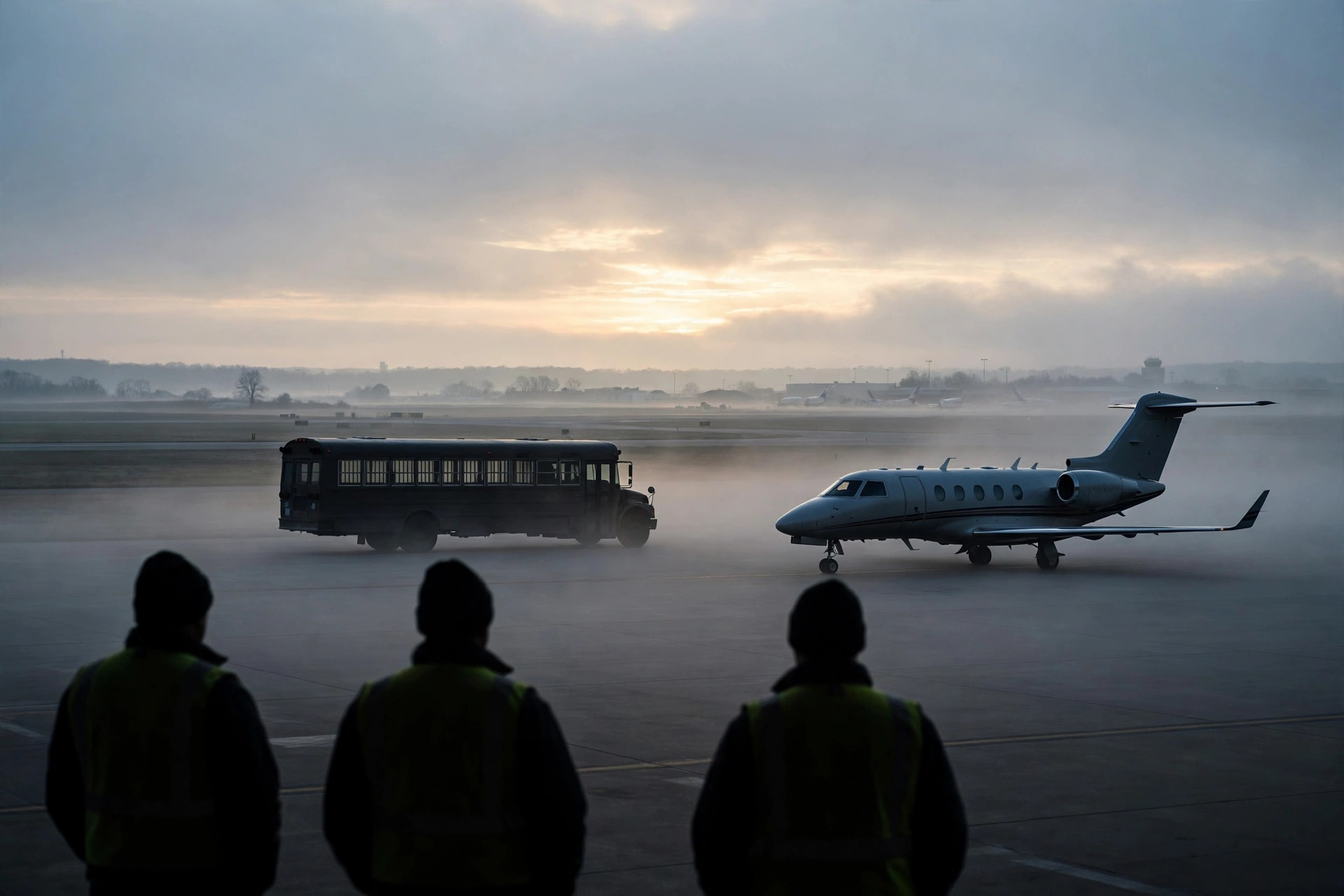 Ilustración editorial: un avión chárter y un autobús de transporte en la pista de un aeropuerto al amanecer, con personal en silueta visto de espaldas
