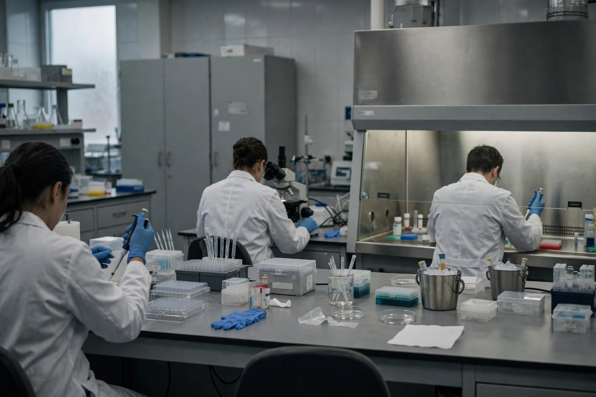Ilustración editorial: laboratorio de investigación oncológica, tono sobrio de noticiero