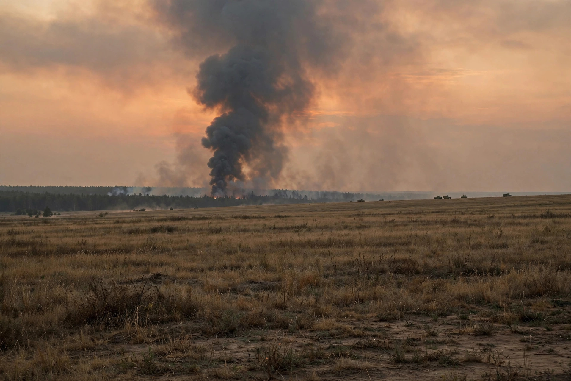 Columna de humo sobre un campo abierto al atardecer