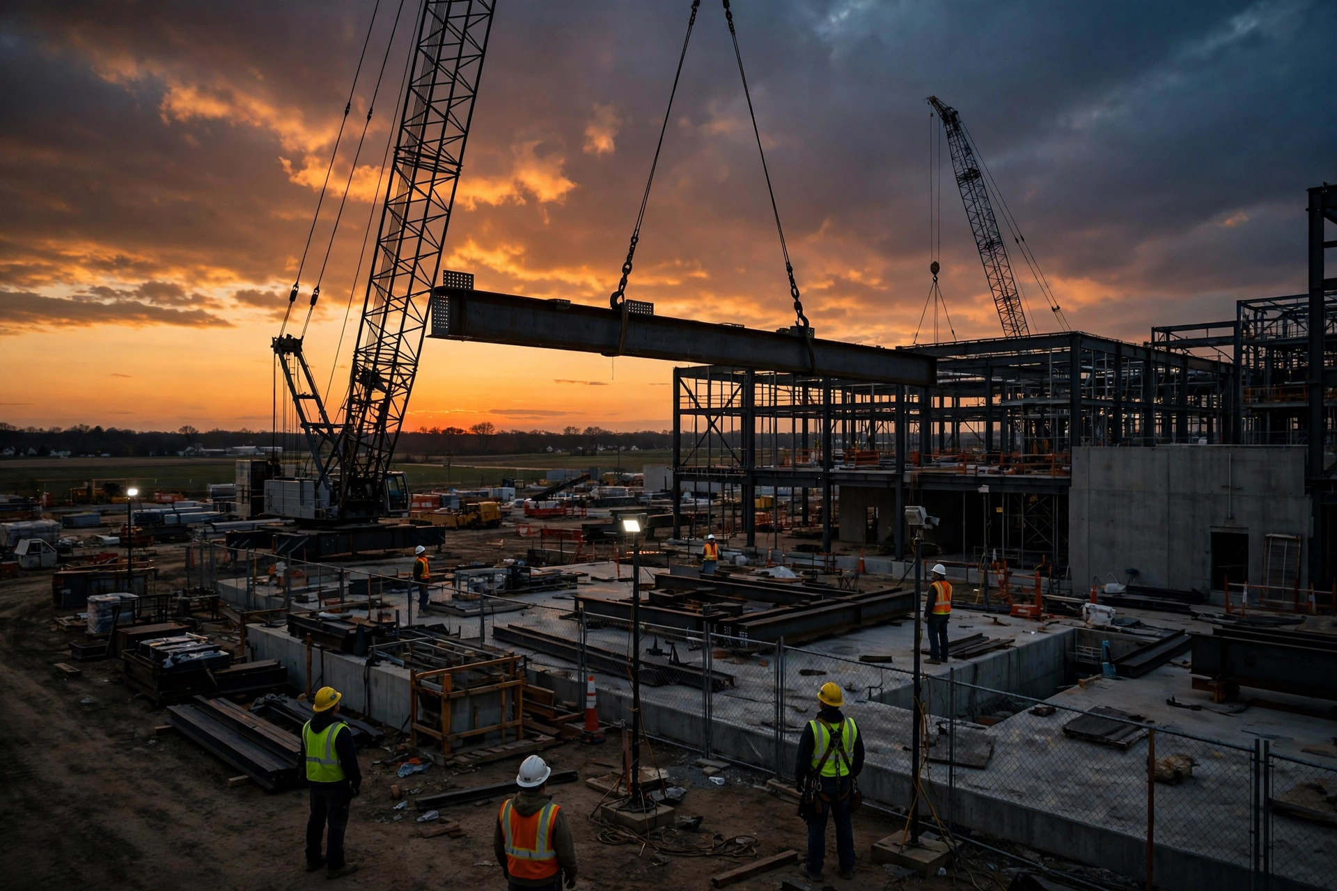 Ilustración editorial: grúas instalando una viga estructural gigante en una planta de semiconductores en construcción al atardecer