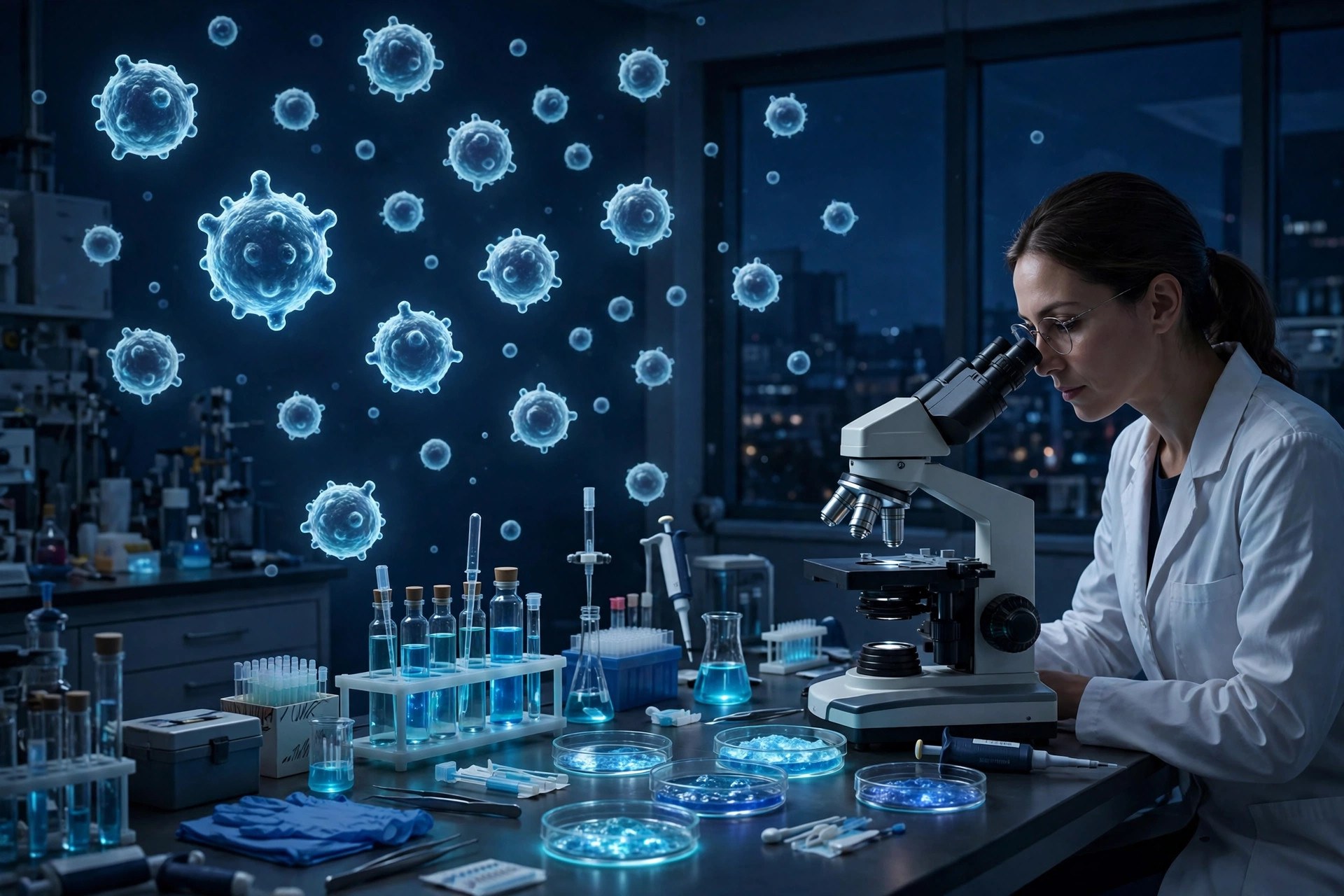 Ilustración editorial: laboratorio de investigación oncológica con células T bajo el microscopio en tonos azules sobrios