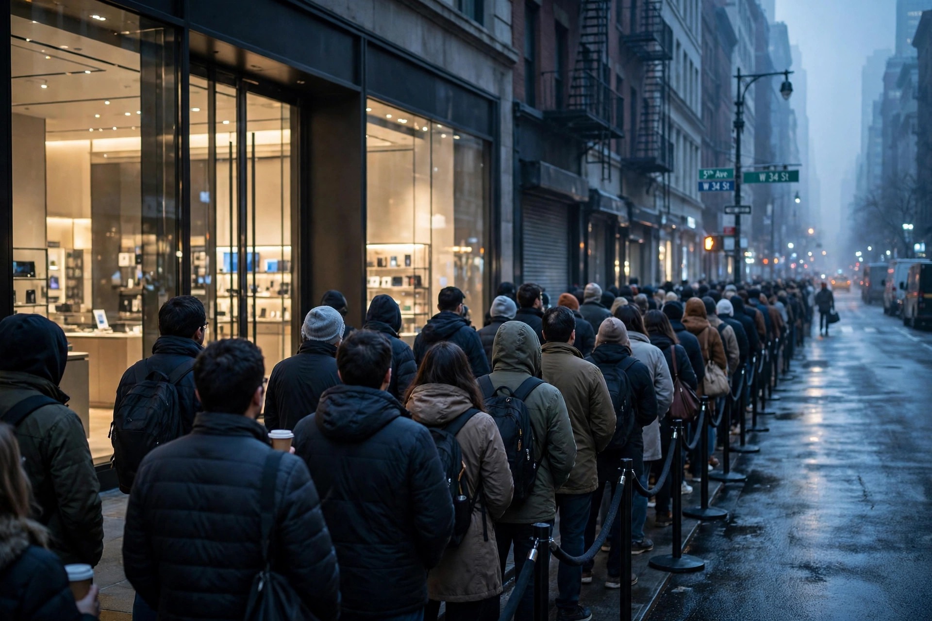 Ilustración editorial: larga fila de personas esperando frente a una tienda insignia iluminada al amanecer en Nueva York