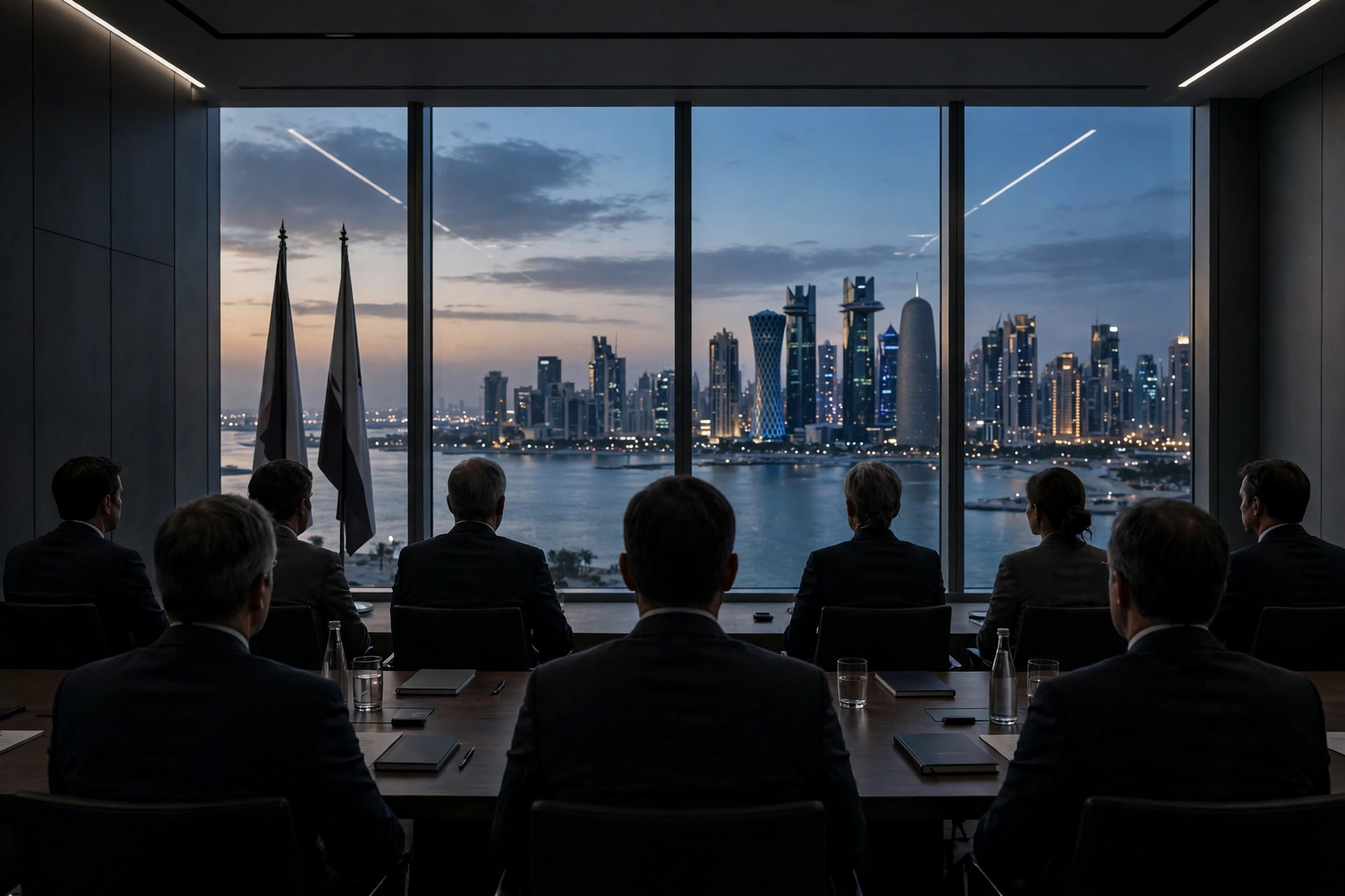 Ilustración editorial: una sala de reuniones diplomáticas con delegados vistos de espaldas frente a ventanales con el perfil urbano de Doha al atardecer