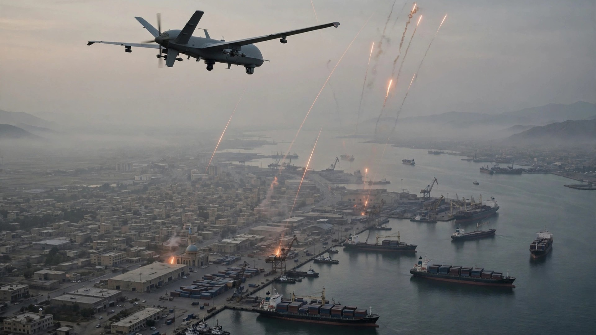 Ilustración editorial: dron militar sobre una ciudad portuaria del estrecho de Ormuz con fuego de defensa aérea al amanecer