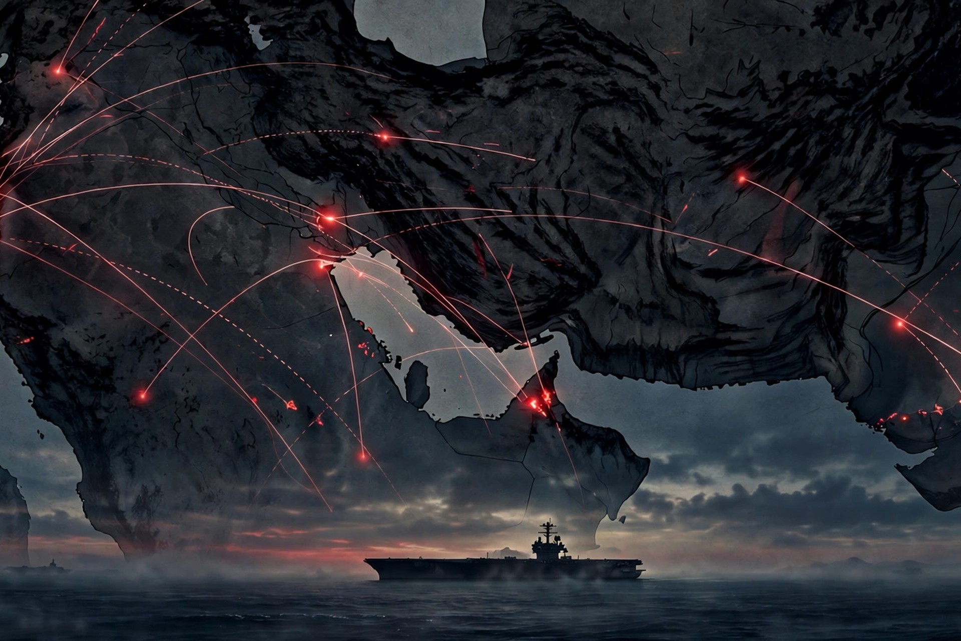 Ilustración editorial: mapa de Oriente Medio con portaaviones en el horizonte al amanecer
