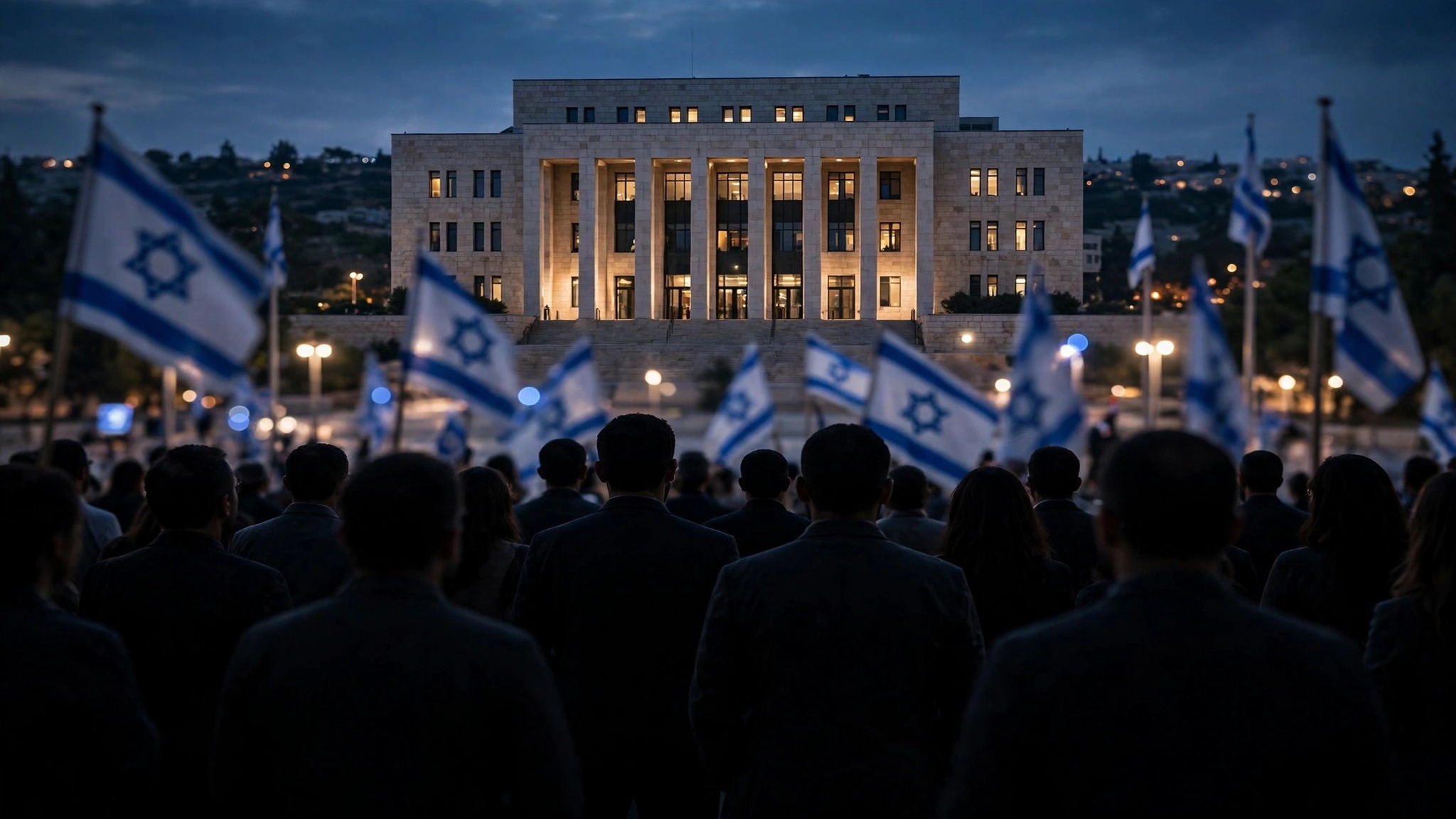Ilustración editorial: exterior del Parlamento de Israel al anochecer con banderas difuminadas y una multitud en silueta vista de espaldas en noche electoral