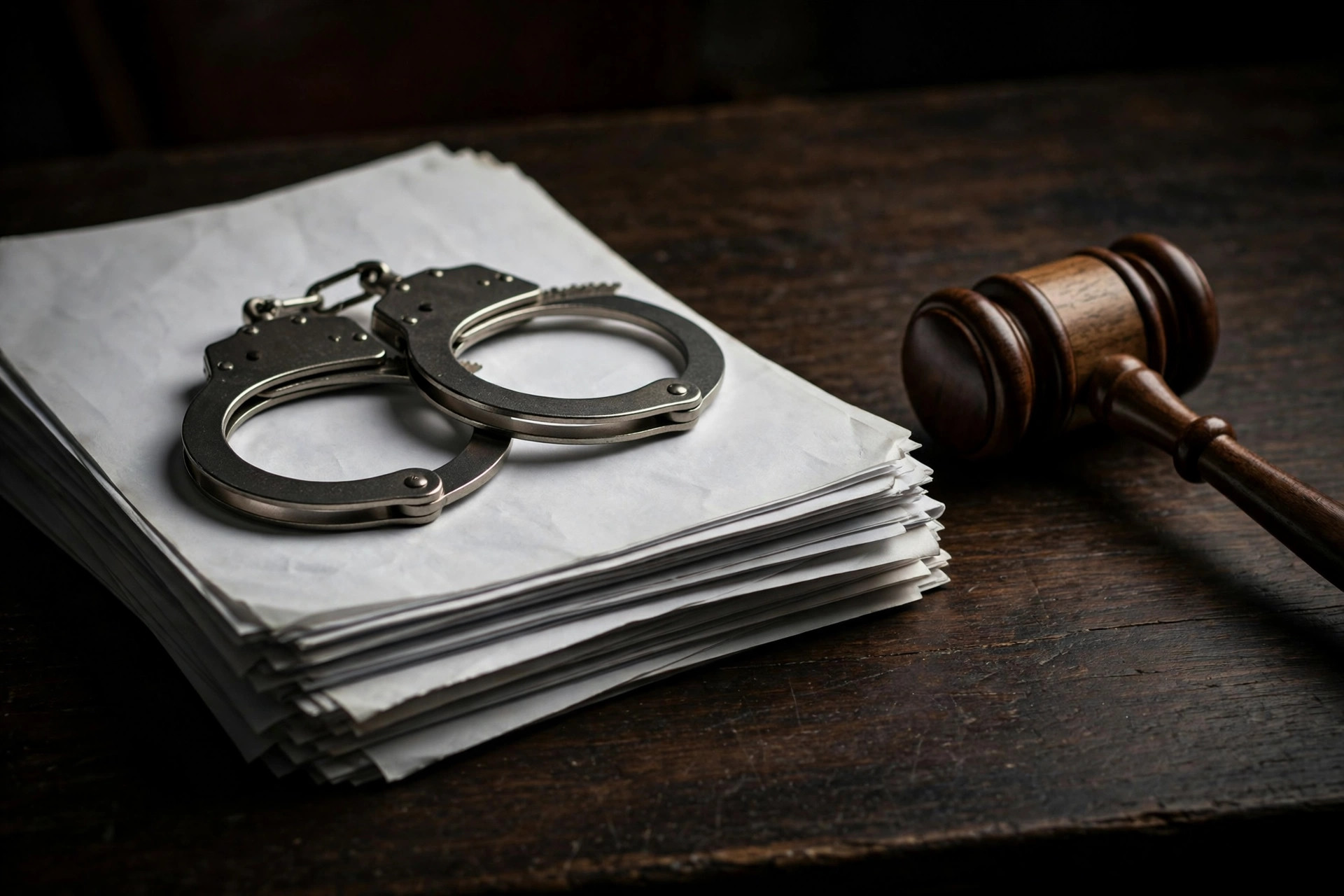 Esposas y documentos sobre un escritorio judicial