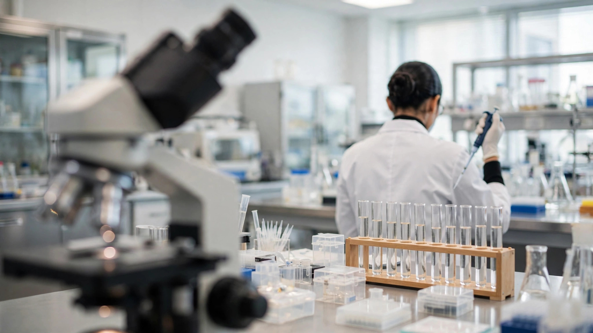 Investigadora en un laboratorio de oncología con tubos de ensayo