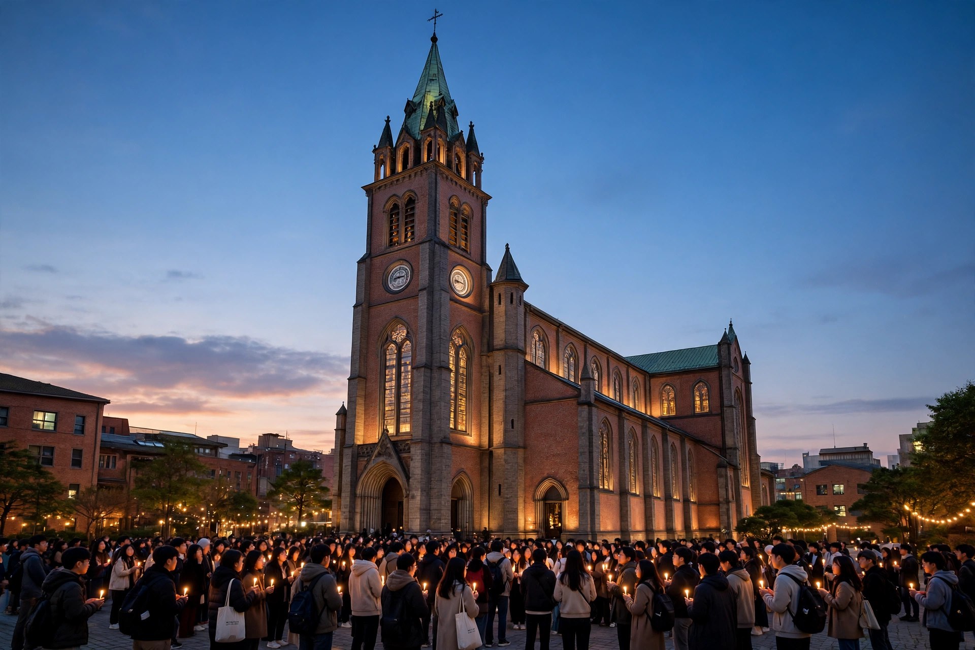 Ilustración editorial: la Catedral de Myeongdong en Seúl al atardecer con jóvenes peregrinos reunidos en la plaza