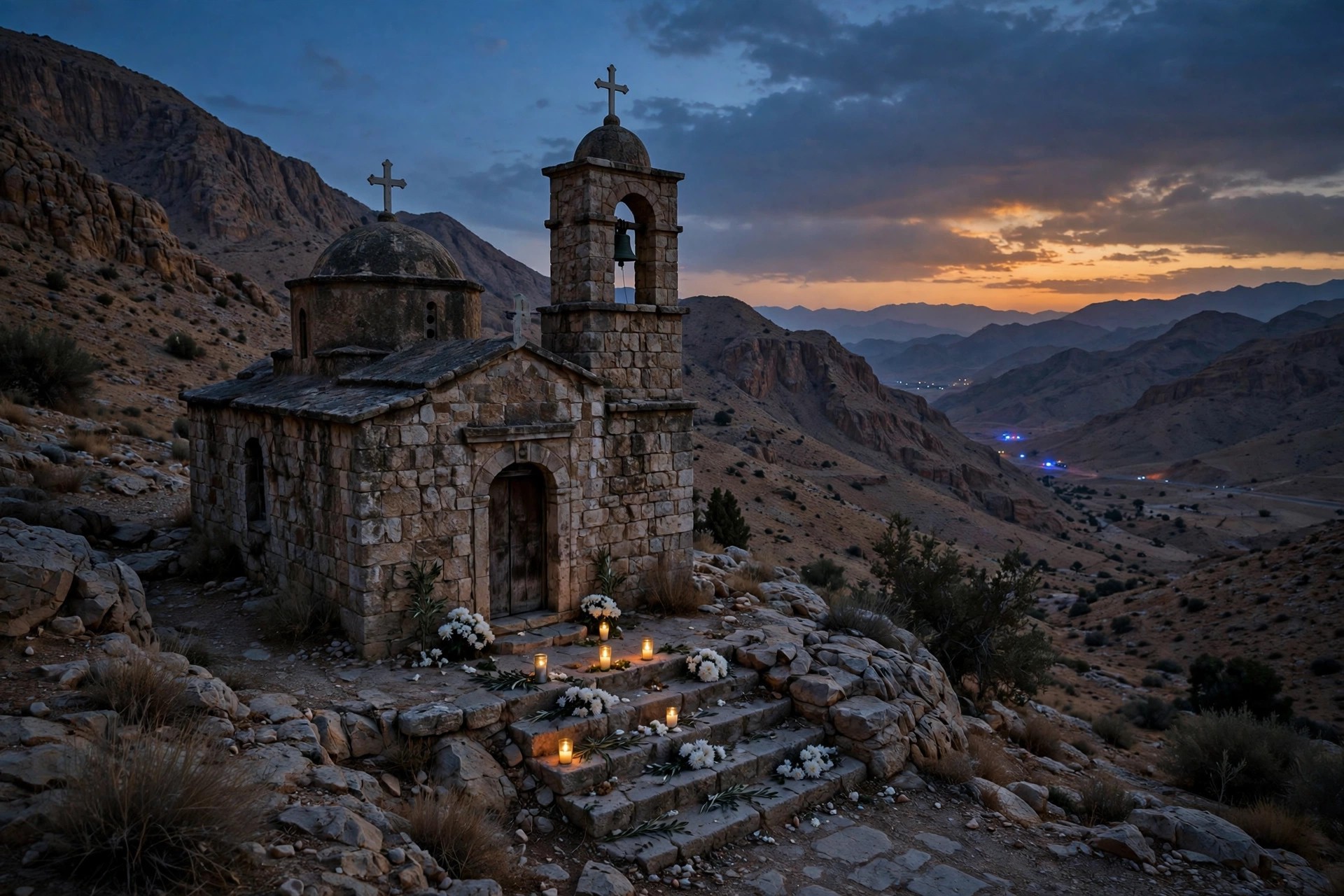 Ilustración editorial: iglesia ortodoxa de piedra al atardecer en las montañas de Karak, Jordania, con velas y flores en sus escalones