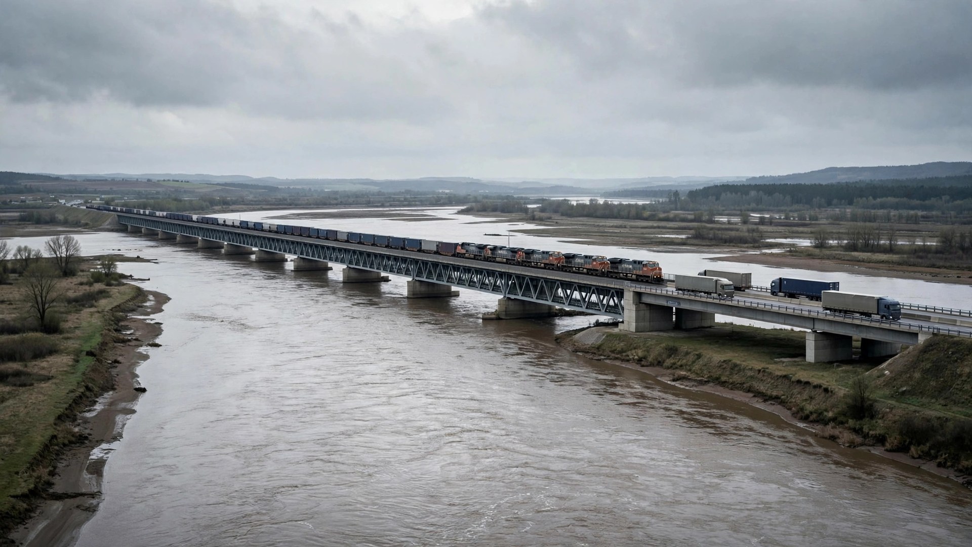 Ilustración editorial: puente fronterizo sobre un río ancho con un tren y camiones cruzando