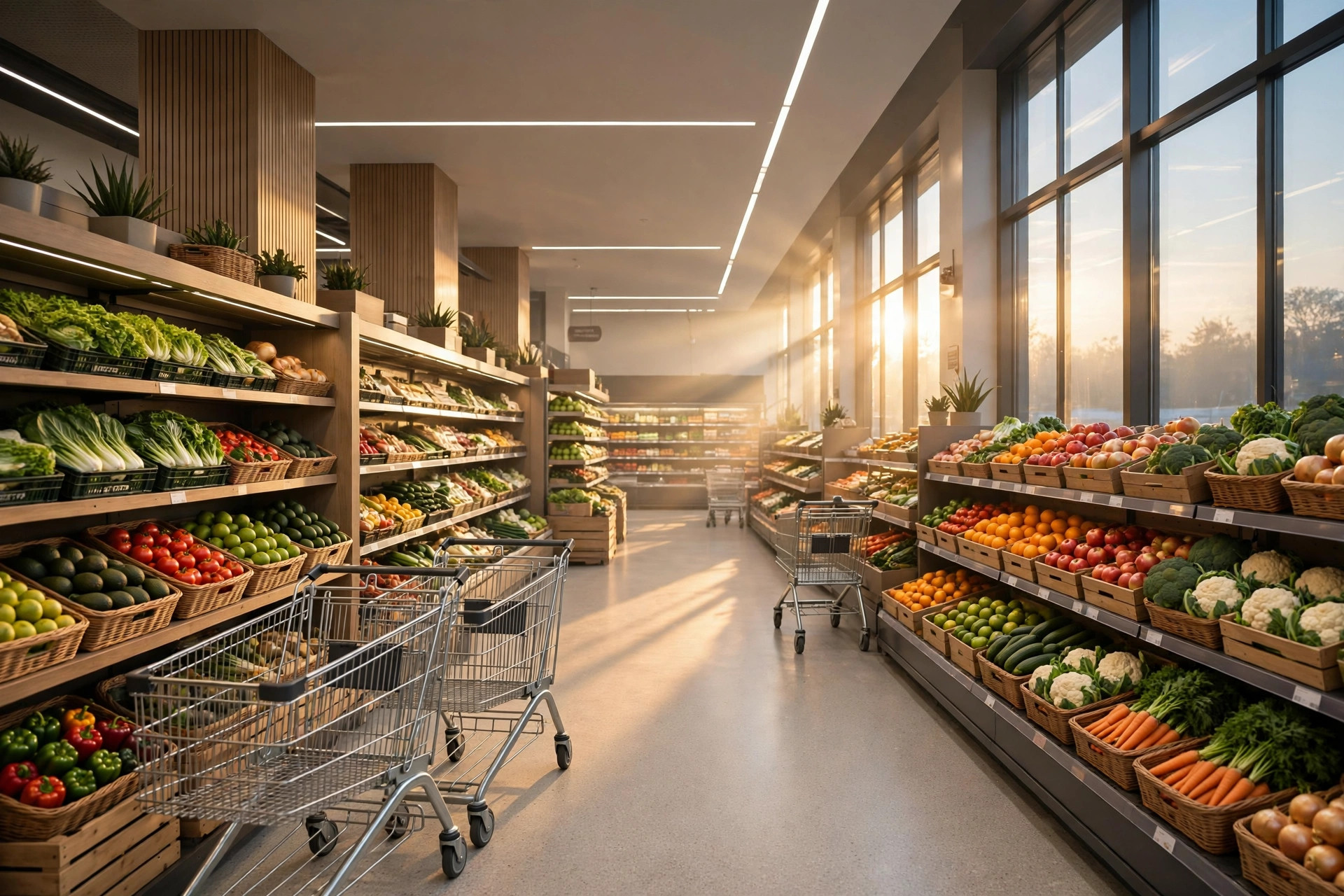 Ilustración editorial: pasillo de supermercado moderno y luminoso con carritos