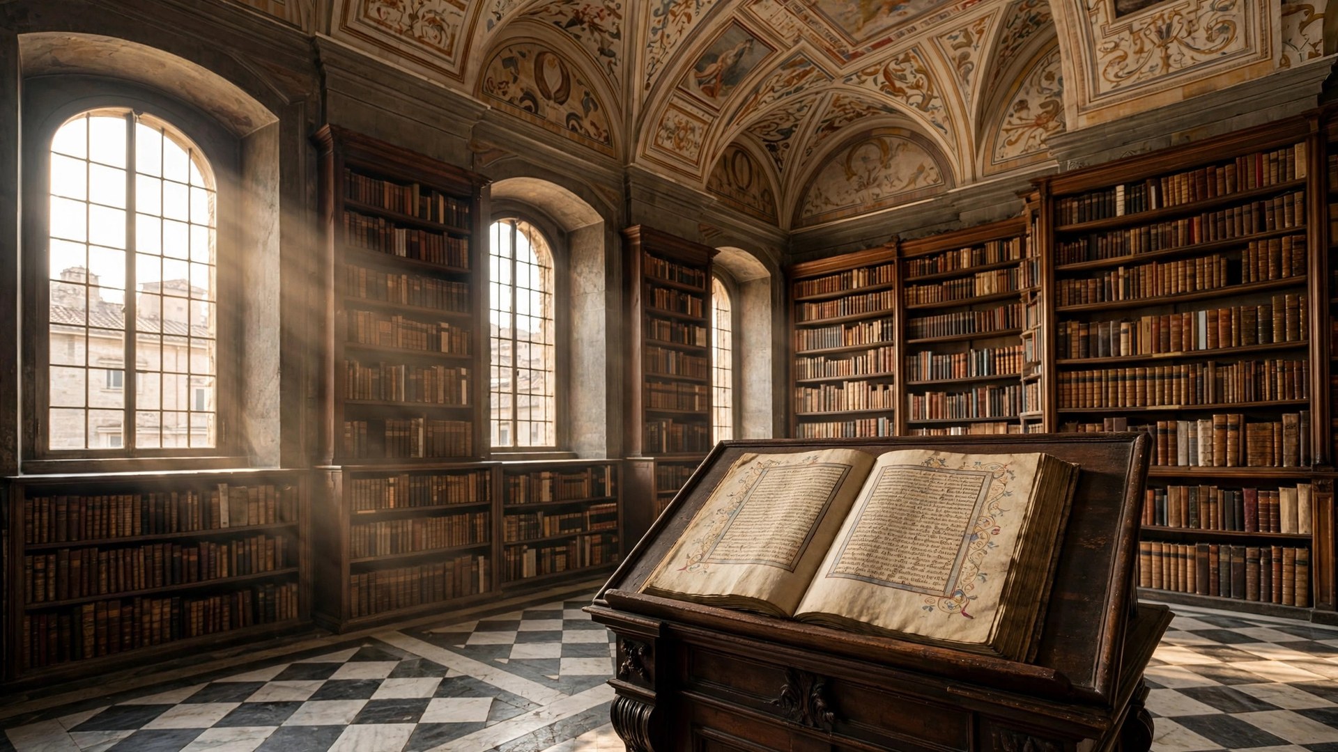 Ilustración editorial: histórica biblioteca vaticana con antiguos códices de derecho en sus estantes