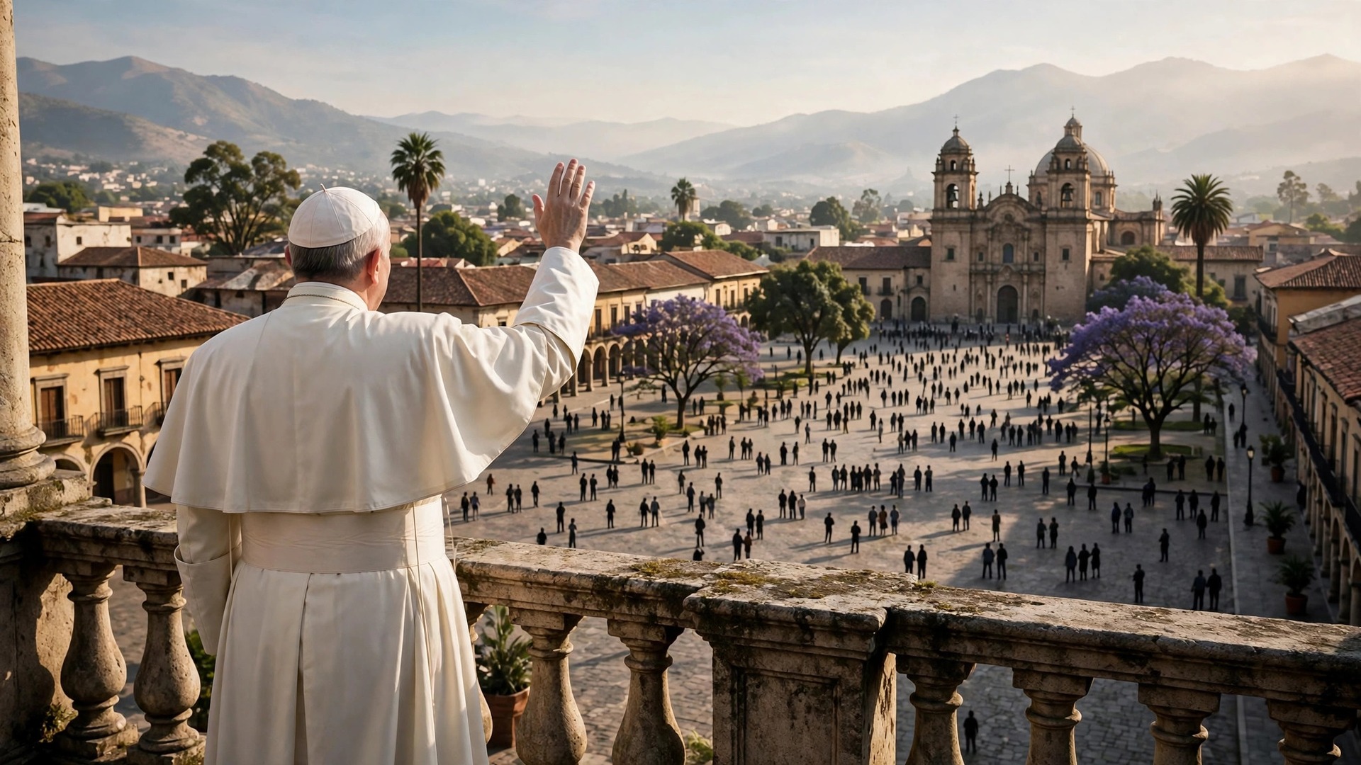 Ilustración editorial: figura del papa vista de espaldas con sotana blanca saludando a una multitud distante en una plaza sudamericana, rostro no visible, tono respetuoso