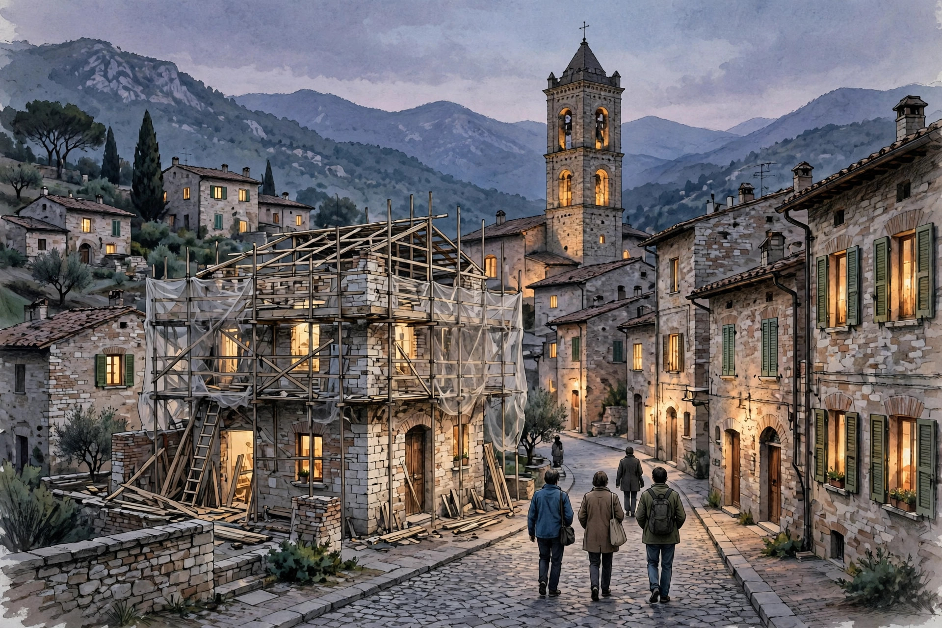 Ilustración editorial: un pueblo histórico del centro de Italia al anochecer, con un edificio en reconstrucción con andamios, una torre de iglesia iluminada y vecinos vistos de espaldas en una calle empedrada
