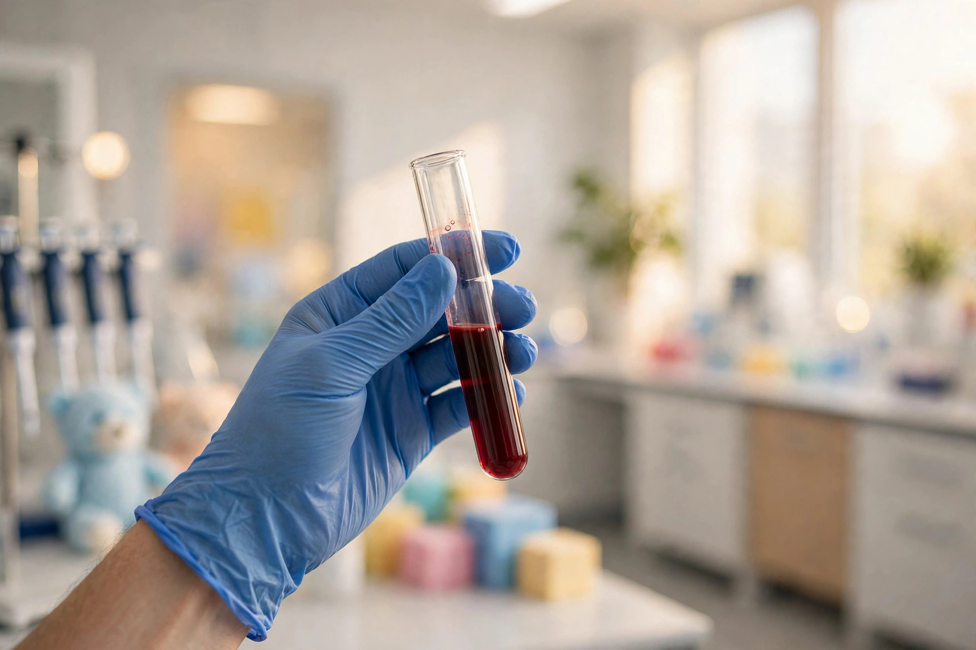 Ilustración editorial: tubo de ensayo con muestra de sangre en un laboratorio pediátrico moderno