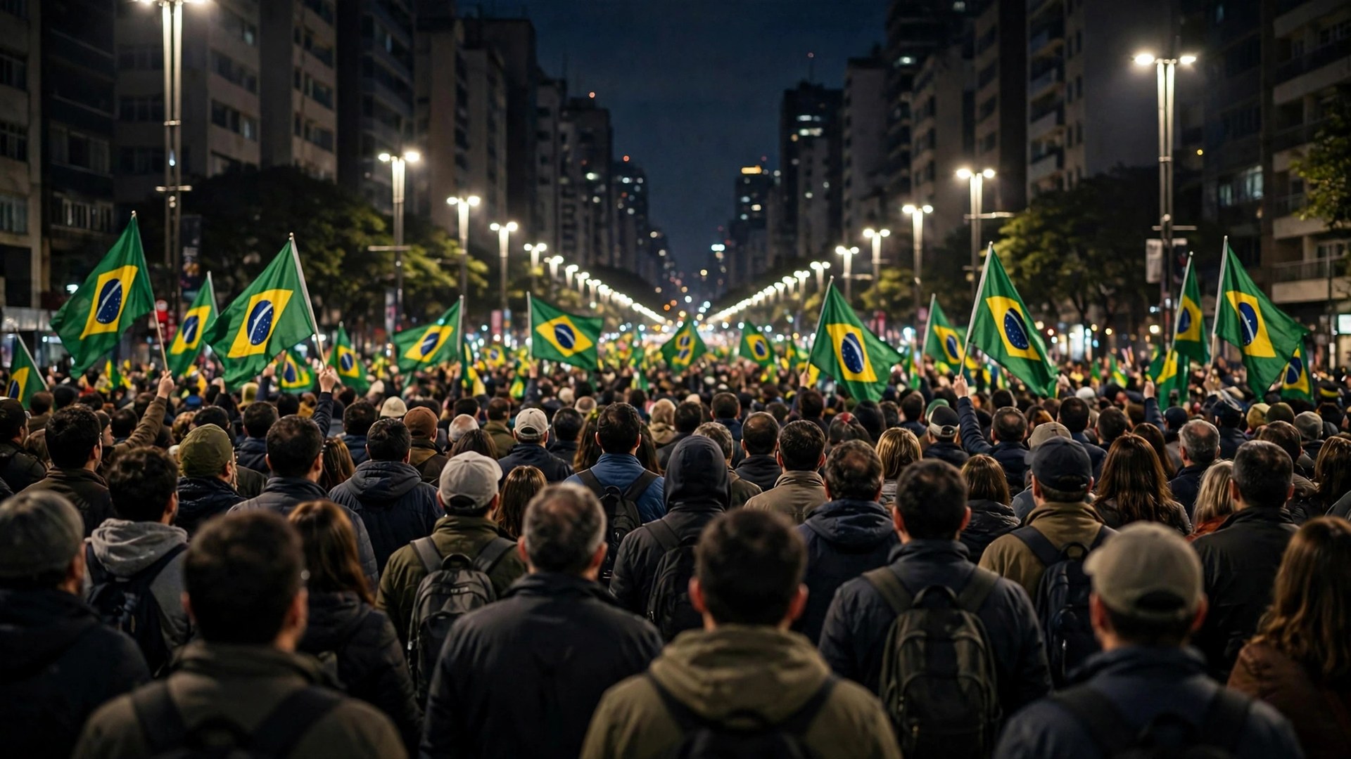 Ilustración editorial: multitud celebrando en una avenida brasileña de noche con banderas verdes y amarillas