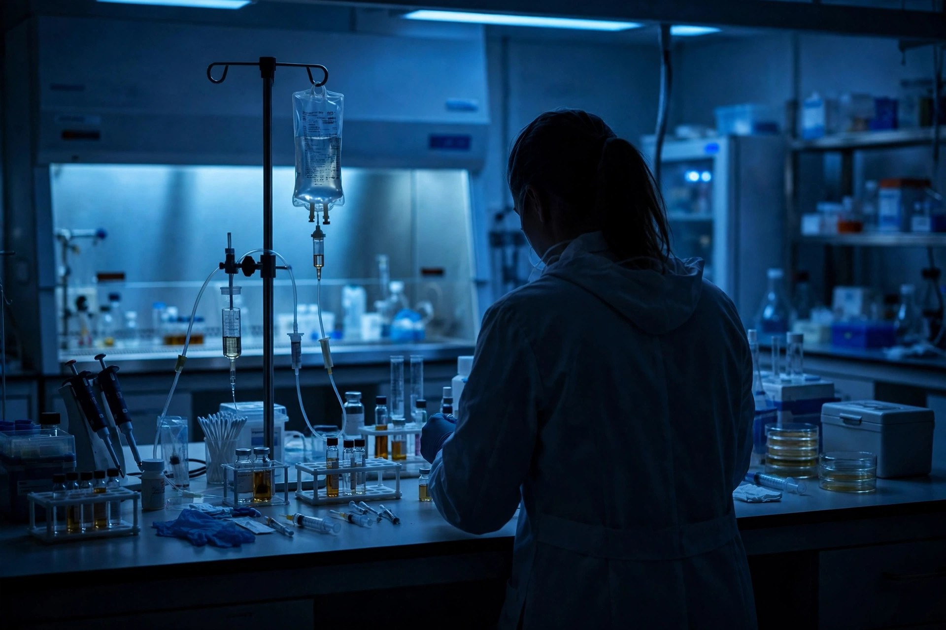 Ilustración editorial: laboratorio de investigación oncológica, una investigadora en silueta vista de espaldas trabajando con viales bajo luz azul suave