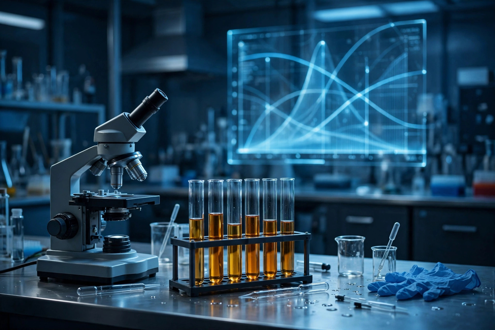 Ilustración editorial: laboratorio farmacéutico con microscopio y tubos de ensayo
