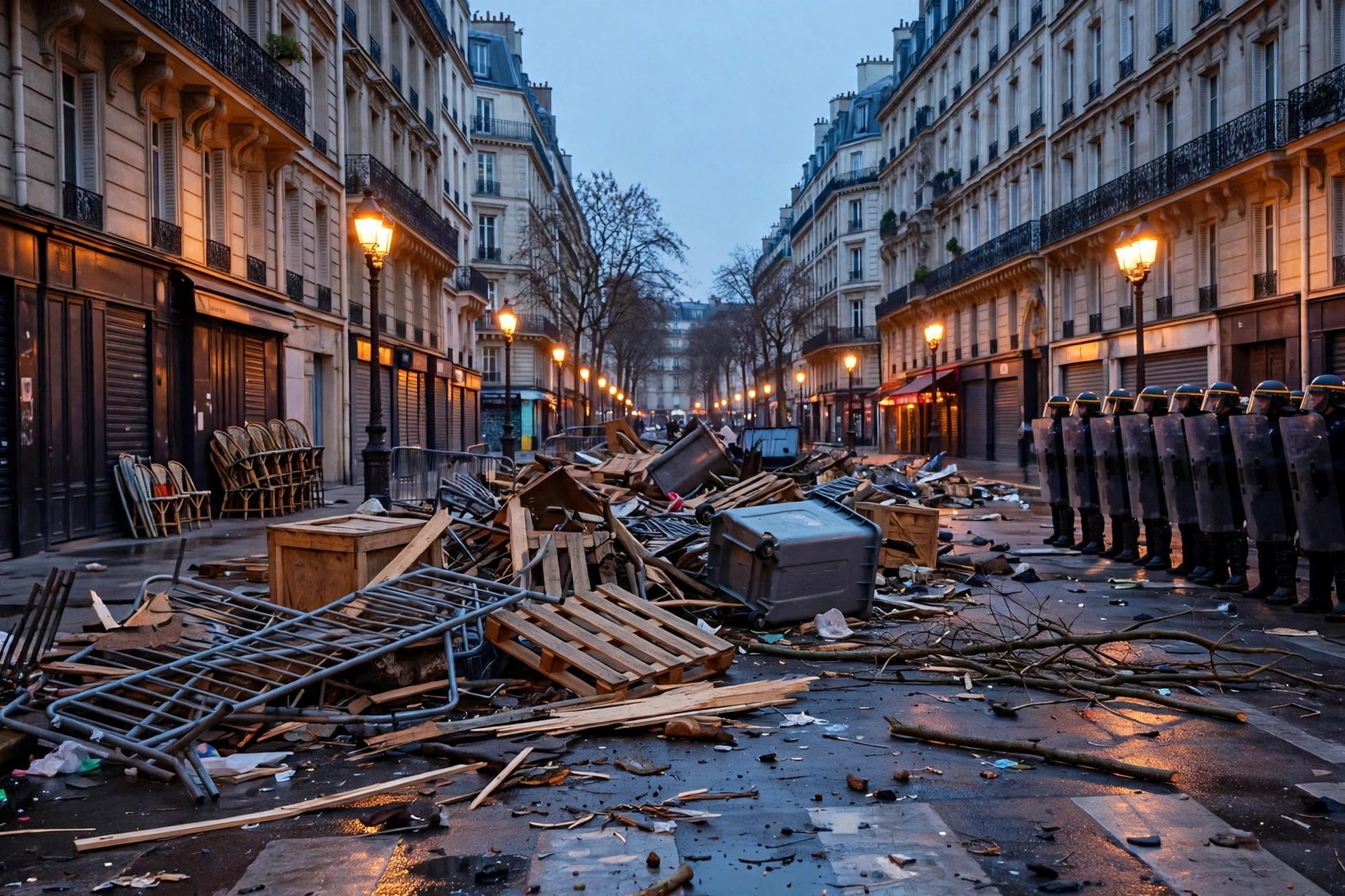 Ilustración editorial: calle de París con barricadas y policía antimotines al atardecer