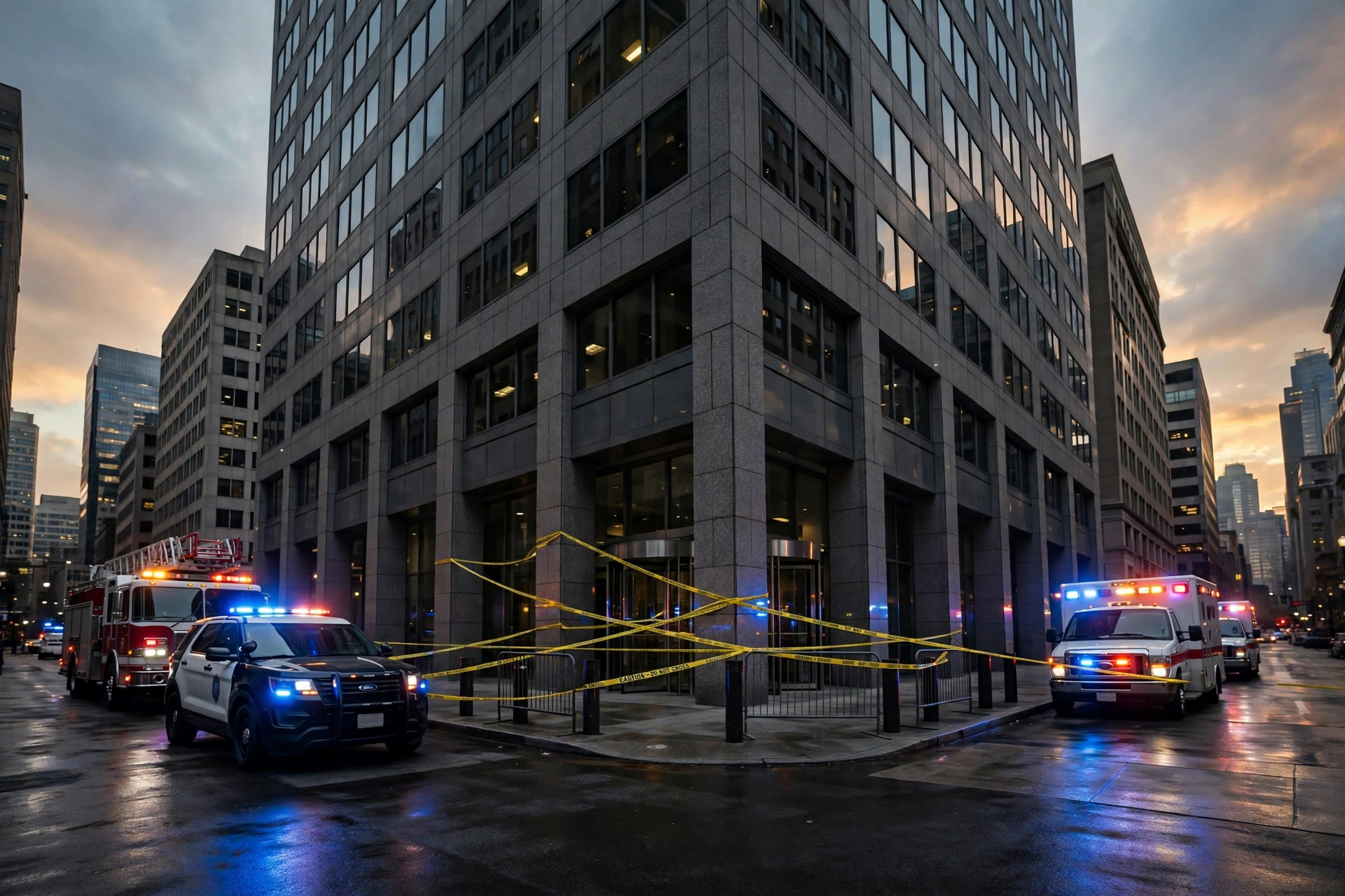 Ilustración editorial: edificio de oficinas del centro de Pittsburgh con cinta policial y vehículos de emergencia