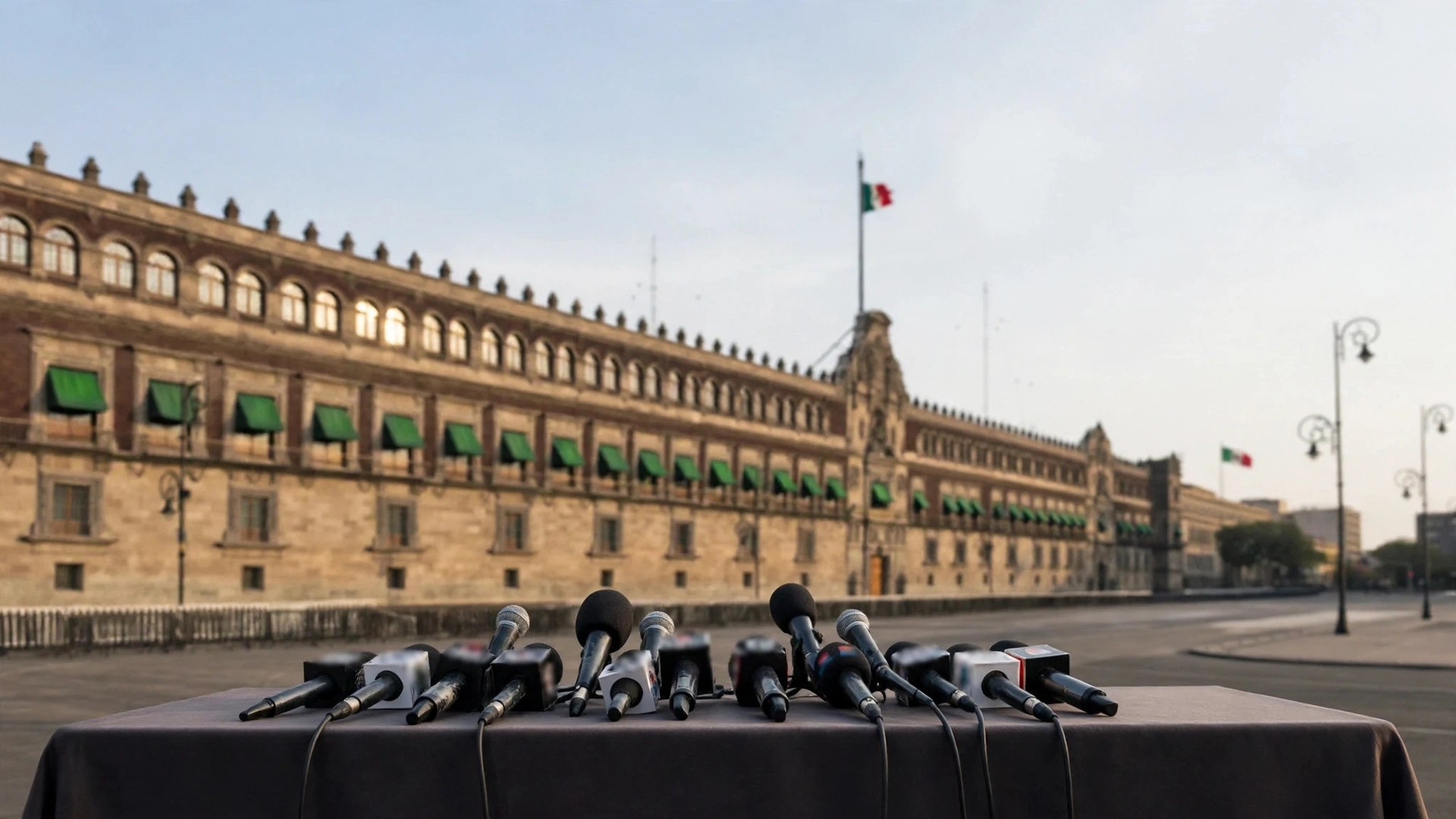 Ilustración editorial: exterior de Palacio Nacional en Ciudad de México durante una conferencia de prensa matutina