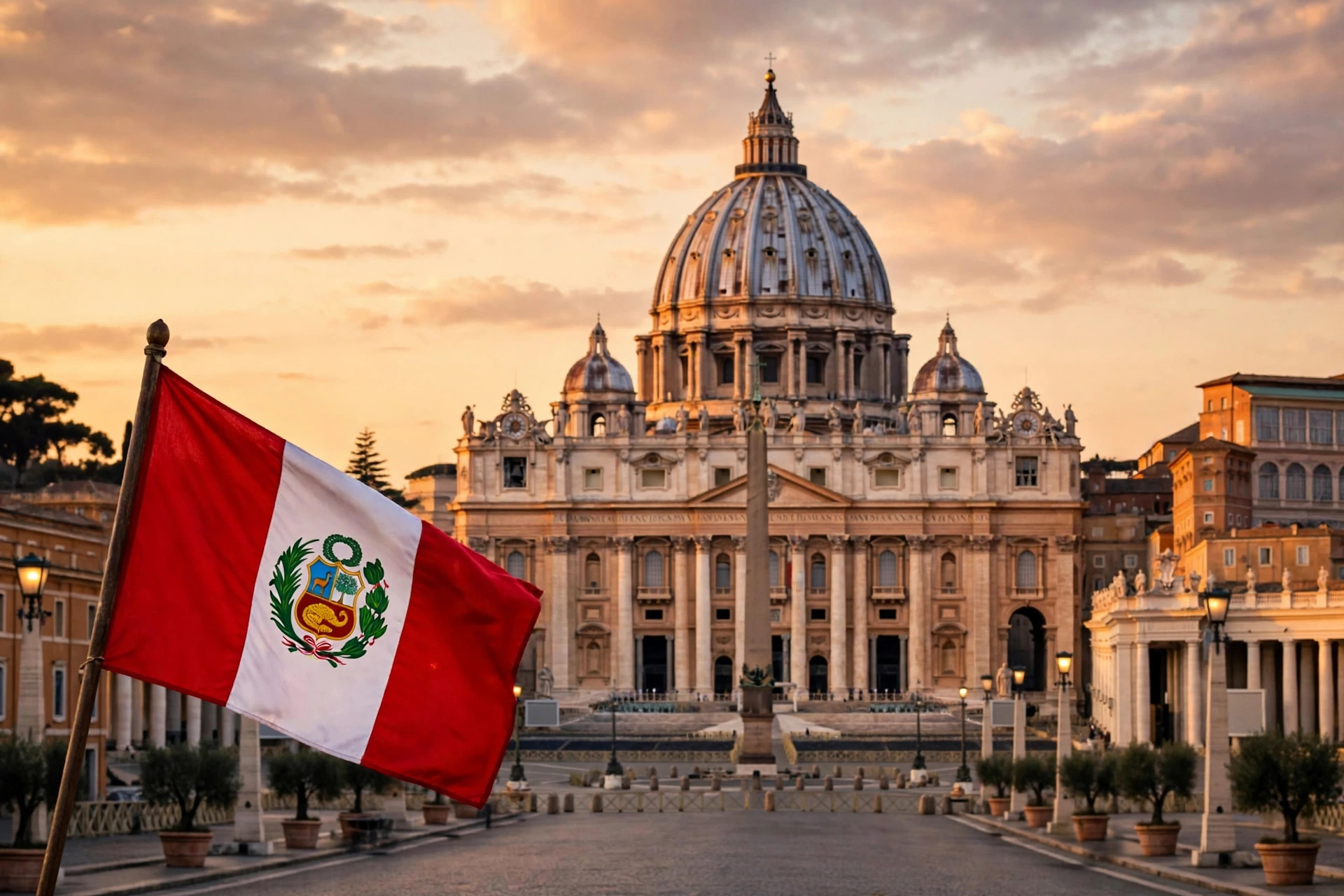 Ilustración editorial: cúpula de San Pedro al atardecer con una bandera peruana ondeando