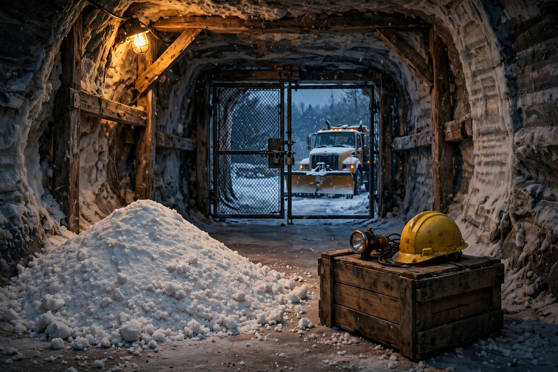 Ilustración editorial: túnel de una mina de sal con un montón de sal blanca, un casco y una lámpara sobre una caja de madera, una reja cerrada y un camión quitanieves afuera bajo la nieve