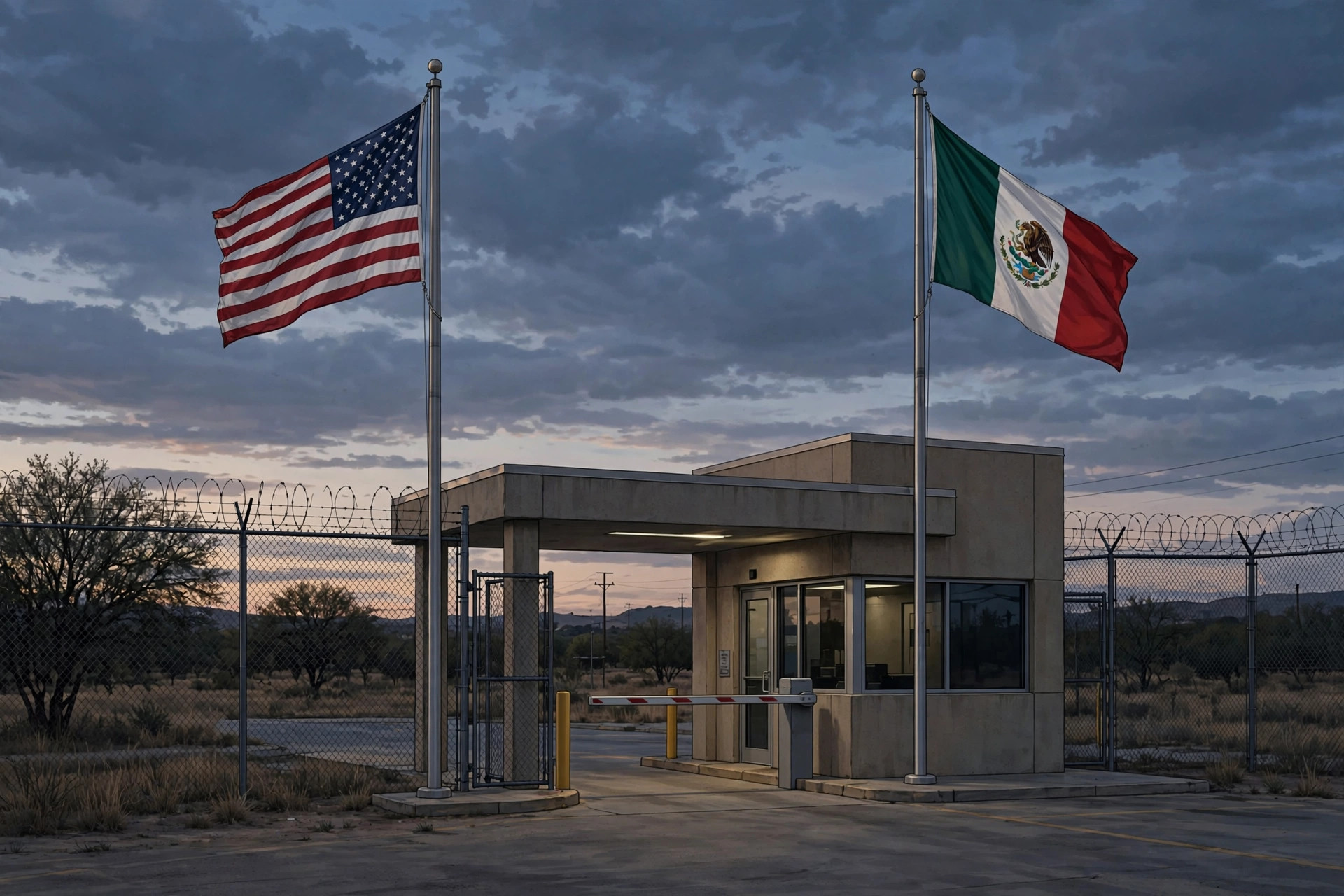 Ilustración editorial: centro de detención migratoria en Texas al atardecer