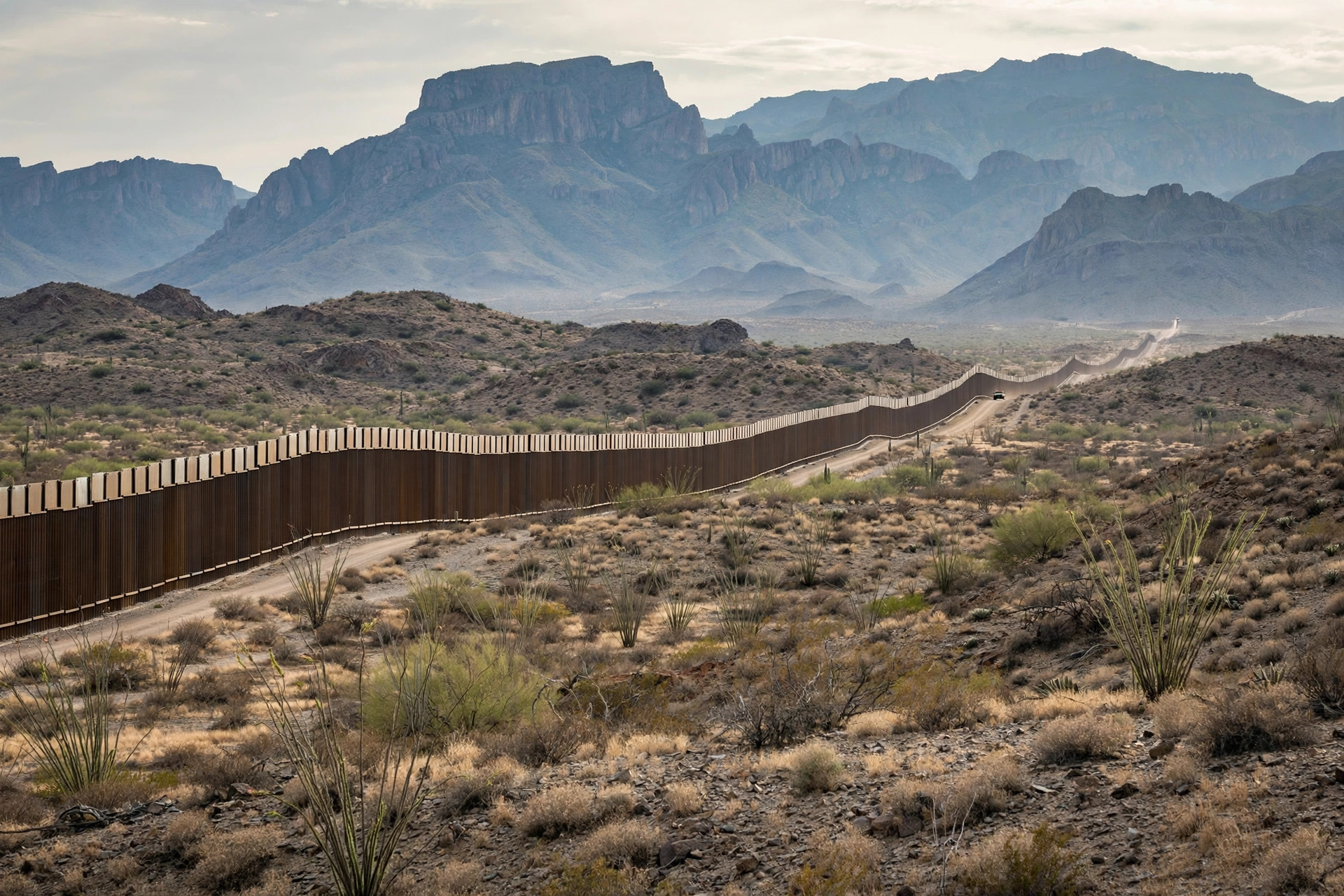 Ilustración editorial: el muro fronterizo en el desierto de Big Bend, Texas, con montañas al fondo