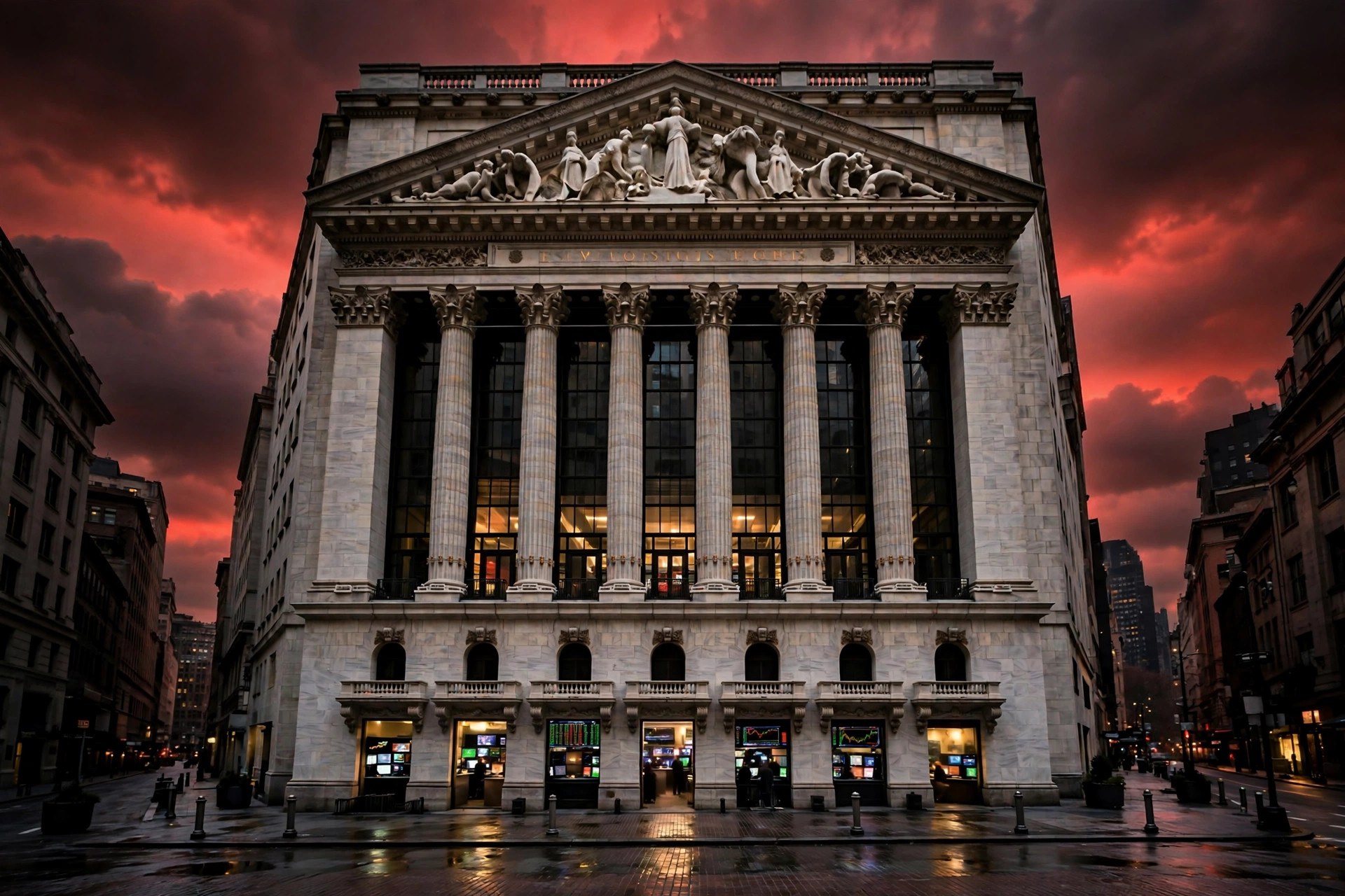 Ilustración editorial: fachada de la Bolsa de Nueva York al atardecer bajo un cielo rojizo