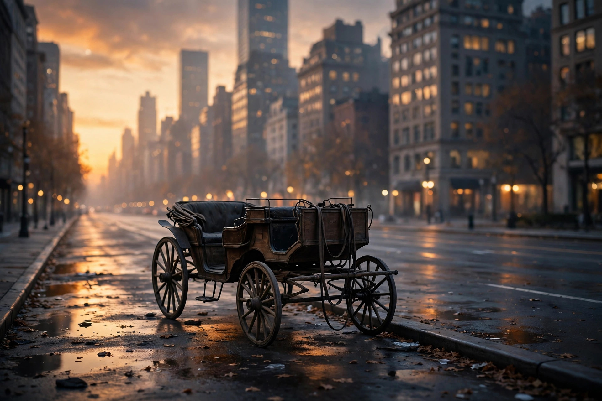 Ilustración editorial: carruaje de caballos vacío en una avenida de Nueva York al atardecer
