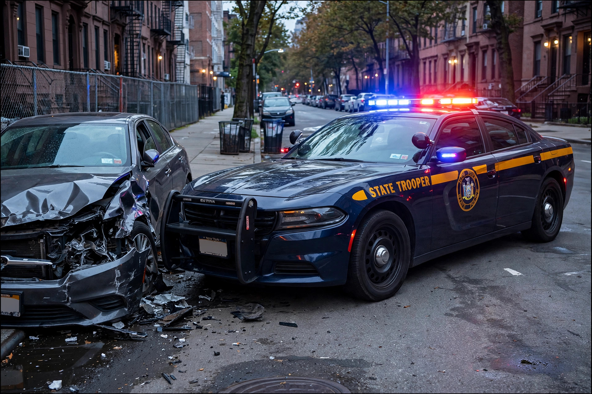 Ilustración editorial: patrulla de la policía del estado de Nueva York junto a un auto dañado