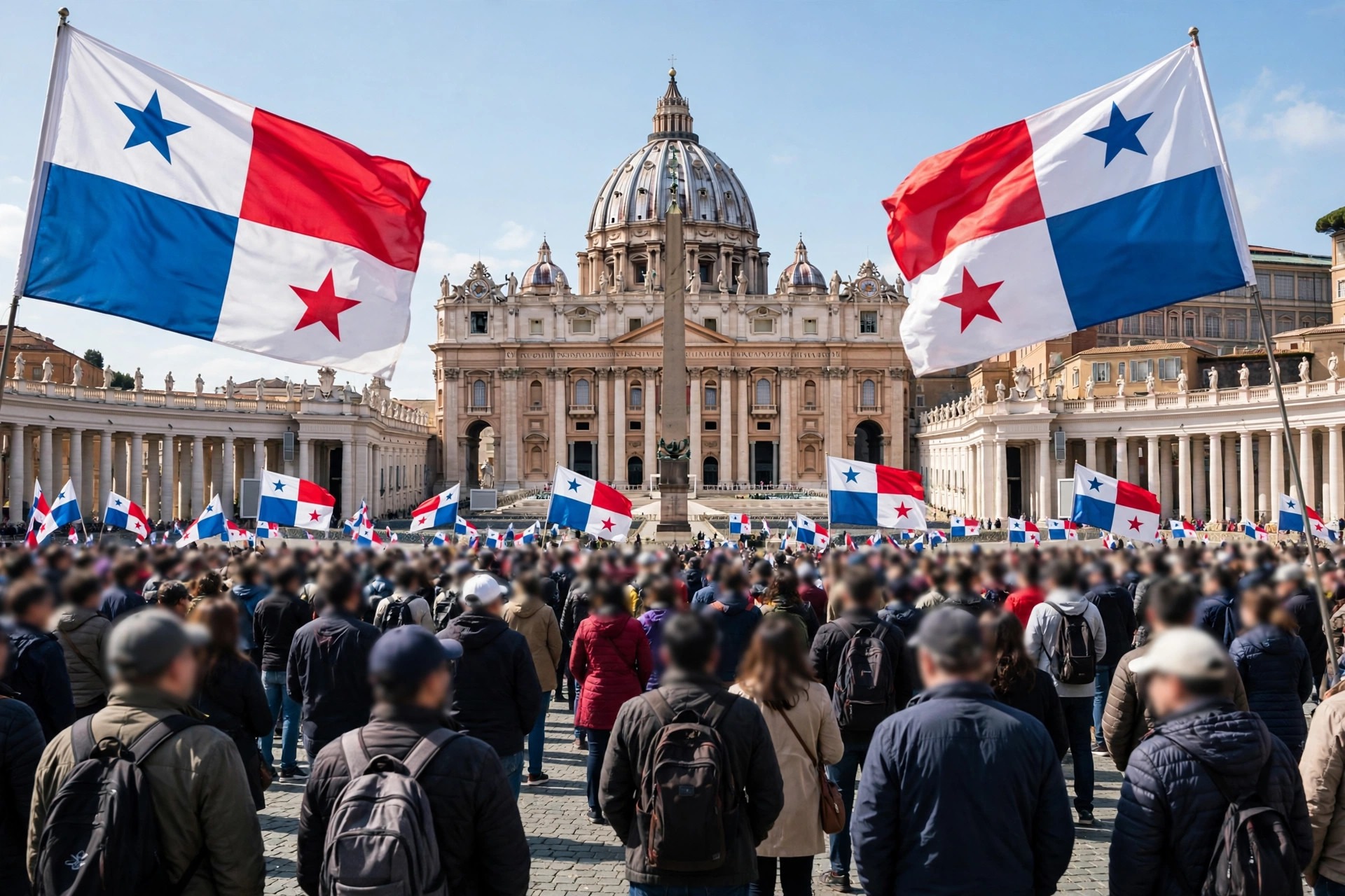 Ilustración editorial: Plaza de San Pedro y la Basílica del Vaticano con banderas de Panamá ondeando