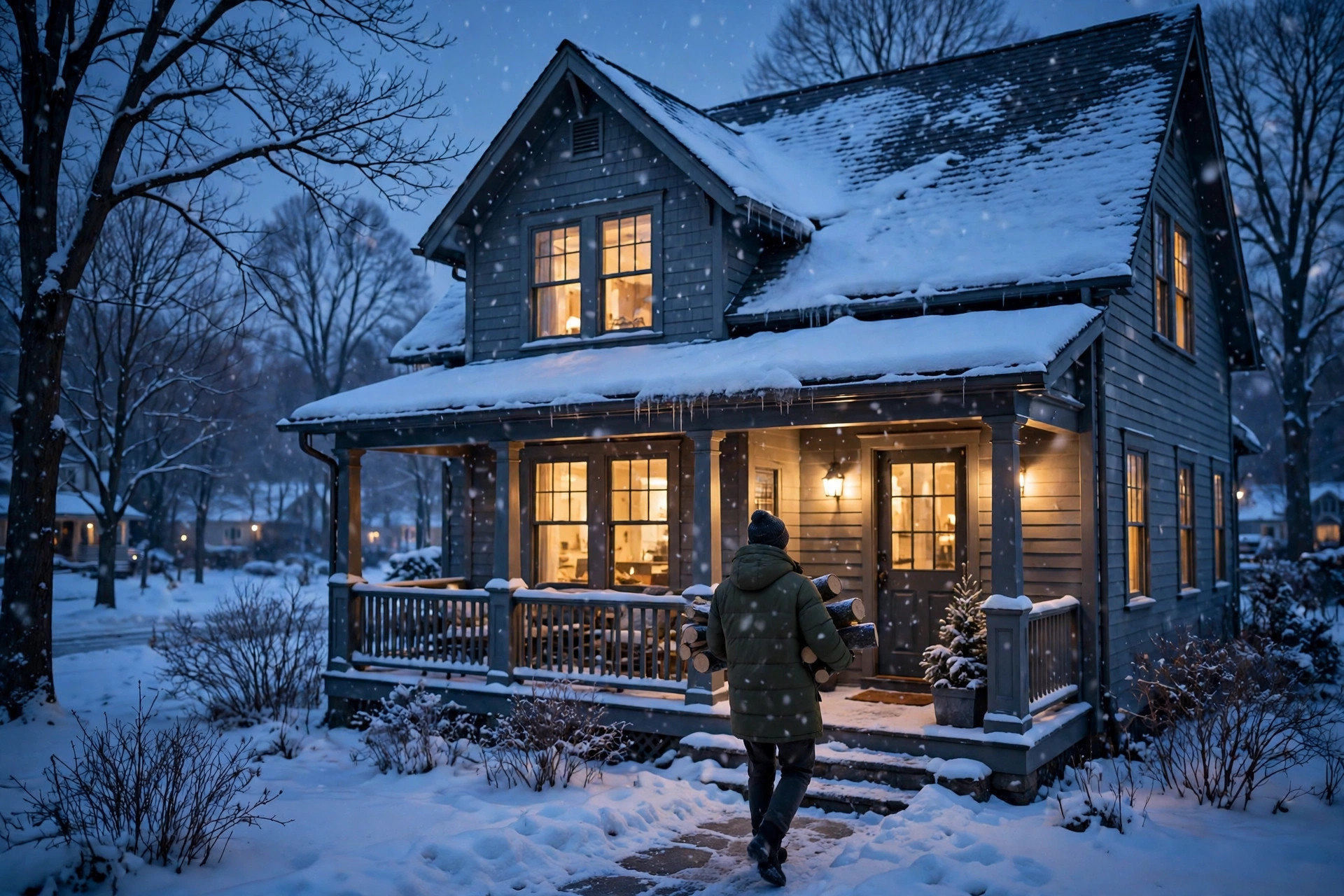 Ilustración editorial: una casa con nieve y luz cálida en las ventanas al anochecer, en invierno